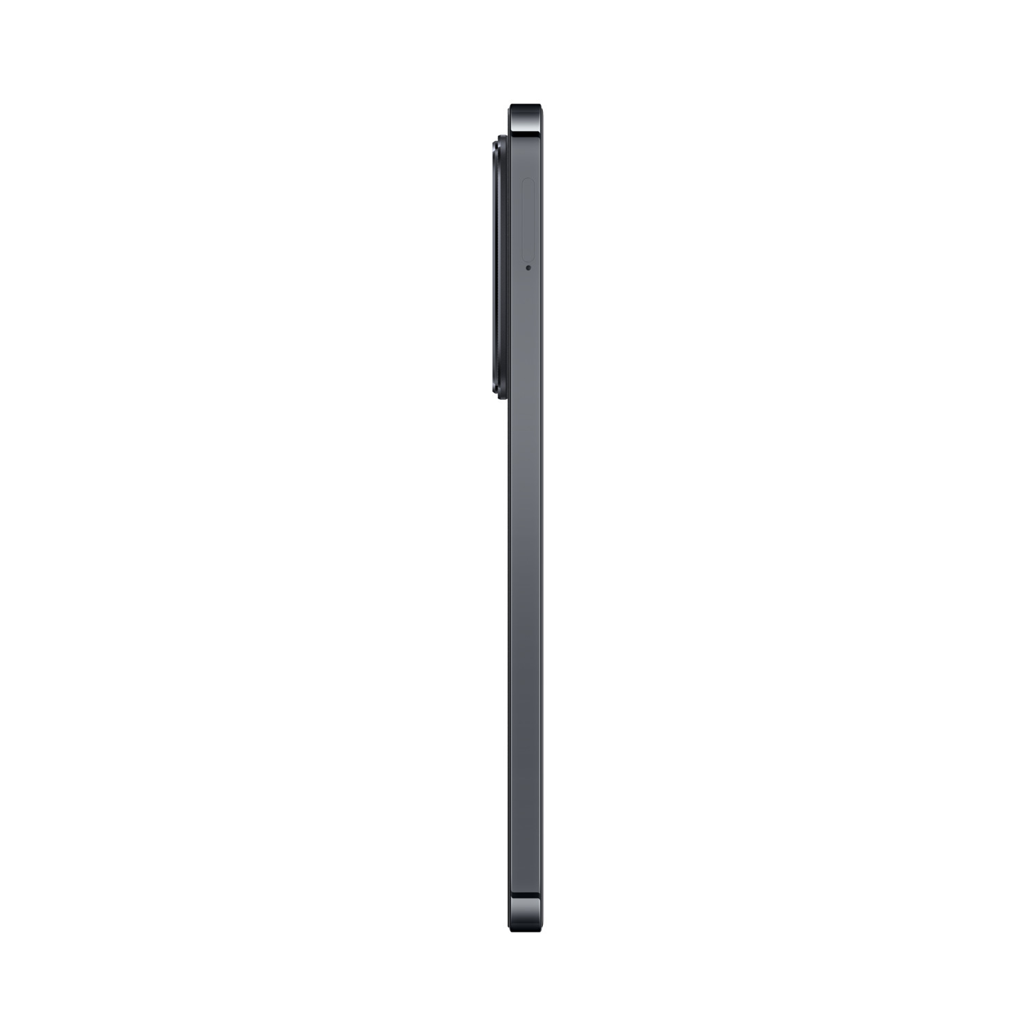 Zijaanzicht van een zwarte smartphone. Het is een dun, rechthoekig apparaat met een camera-uitstulping.