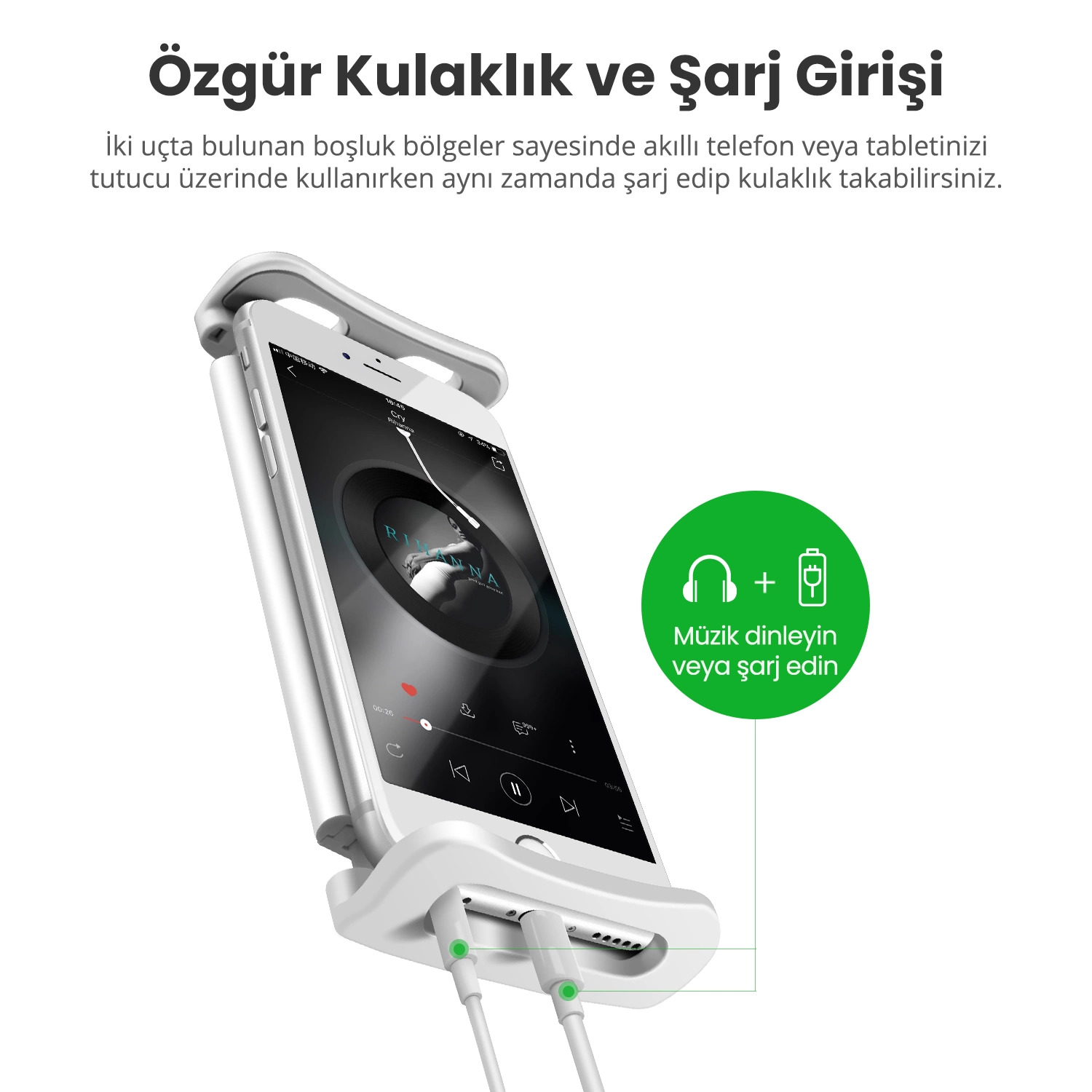 Bir tutucuda akıllı telefon, şarj kabloları bağlı. Kulaklık ve şarj simgeleri gösteriliyor.