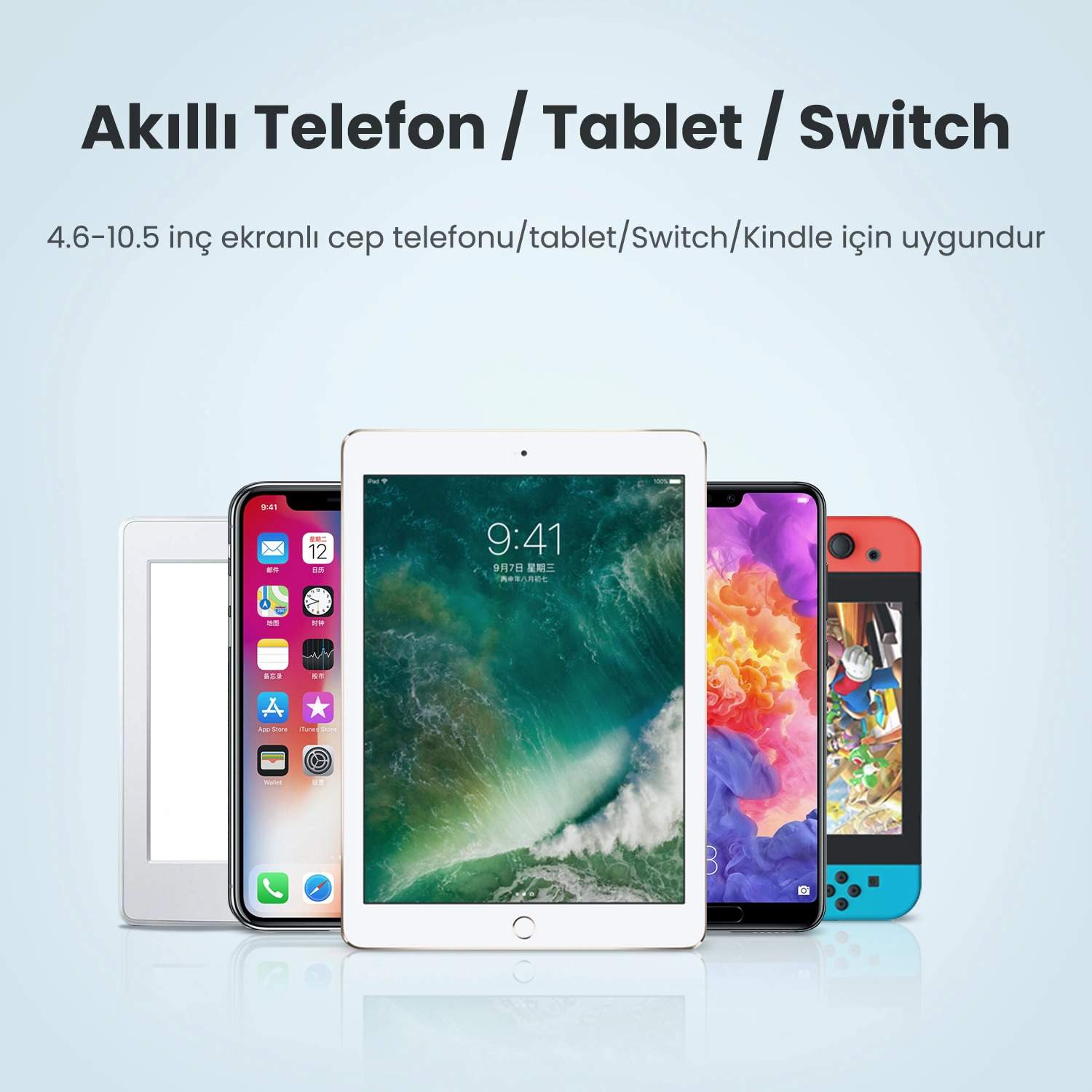 Bir telefon ve tablet koleksiyonu. Bir iPad, iPhone ve bir Switch içerir.