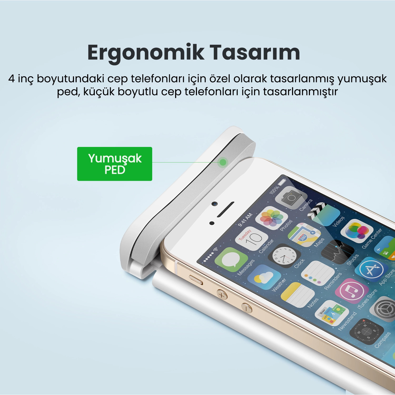Yumuşak bir pedli bir tutucuda akıllı telefon. Telefonun ekranı uygulama simgelerini gösteriyor.