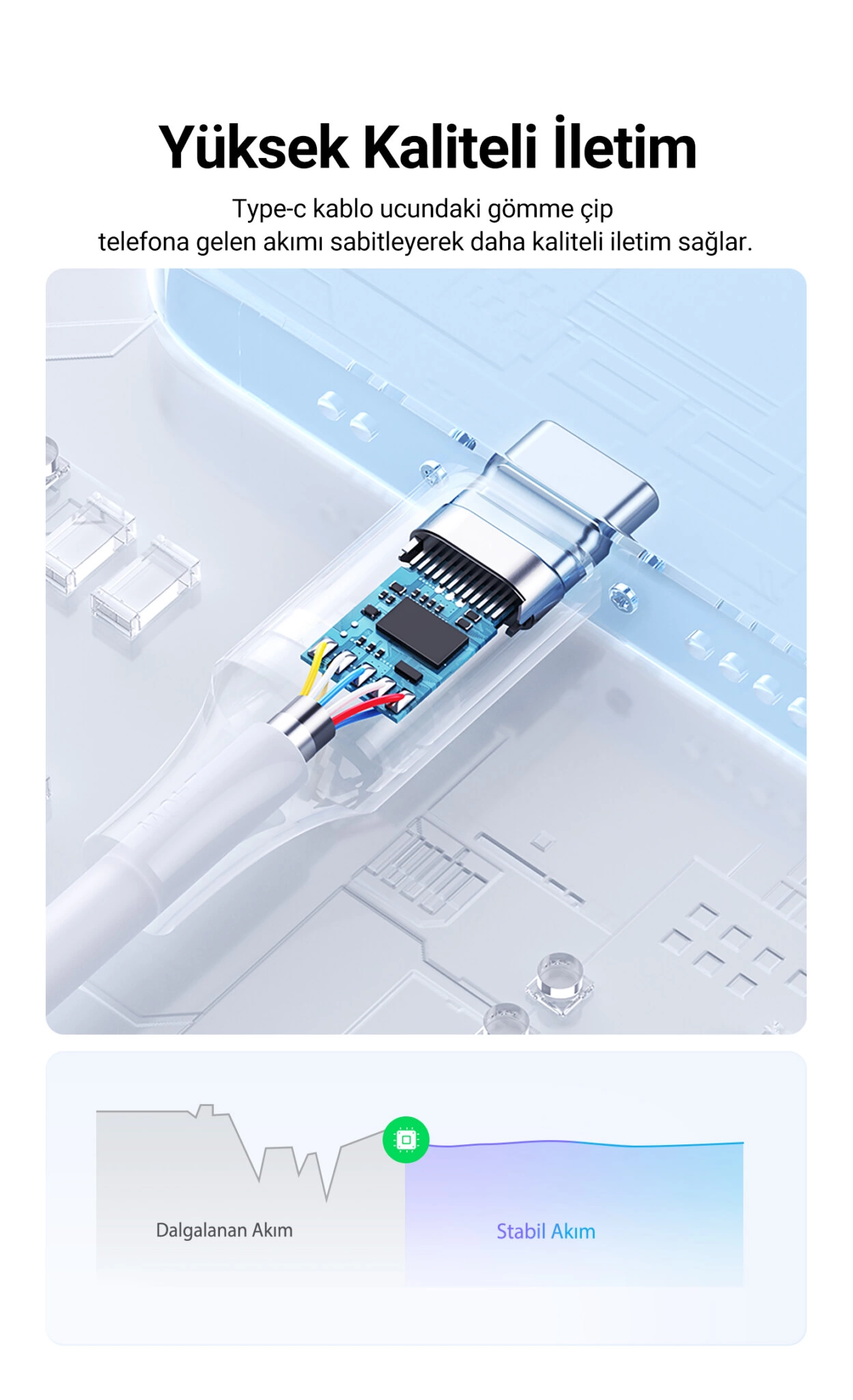 İç bileşenleri gösteren, şeffaf plastik bir muhafaza ile bir USB-C konektörünün yakın çekimi.