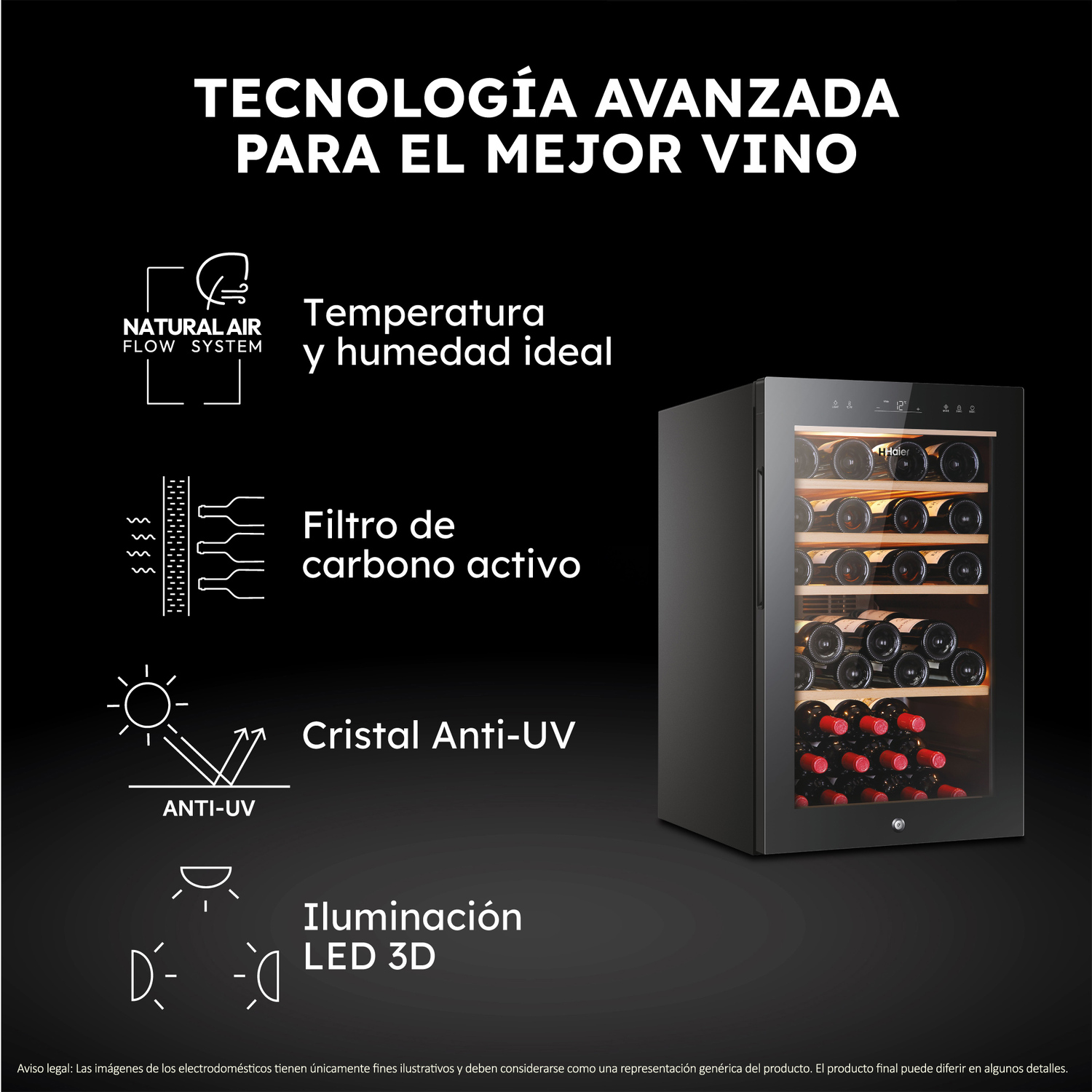 Una vinoteca negra con botellas de vino. La vinoteca tiene una puerta de cristal y se ilustran varias características.