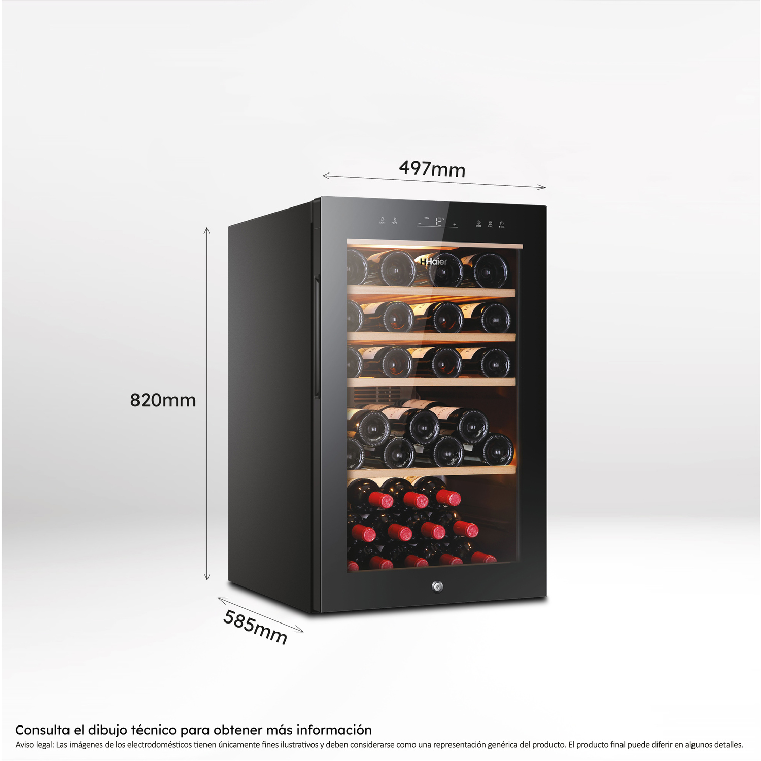 Una vinoteca negra con dimensiones. La vinoteca tiene una puerta de cristal. Las dimensiones son 497x820x585mm.