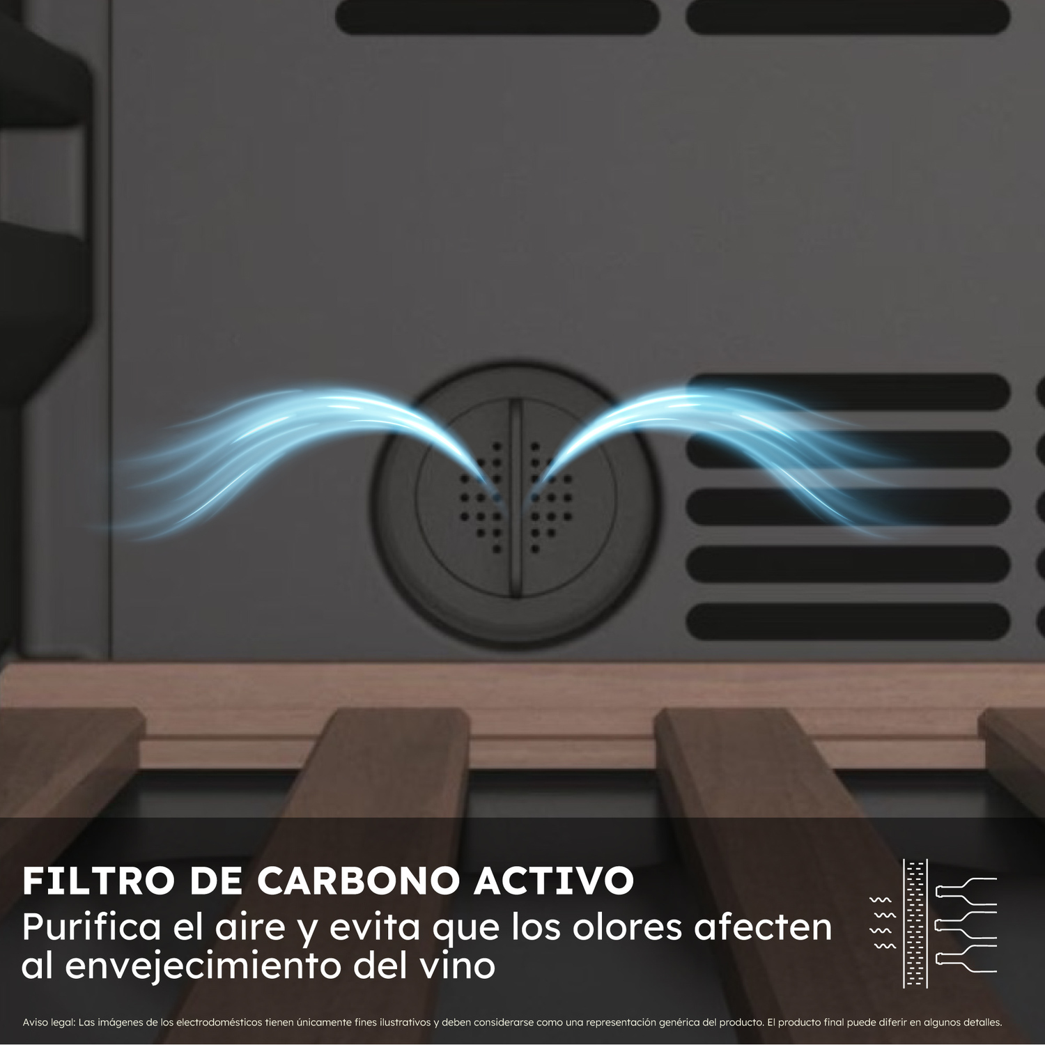Dentro de una vinoteca, mostrando un filtro de carbono. Se muestra el aire purificándose, botellas de vino en estantes.
