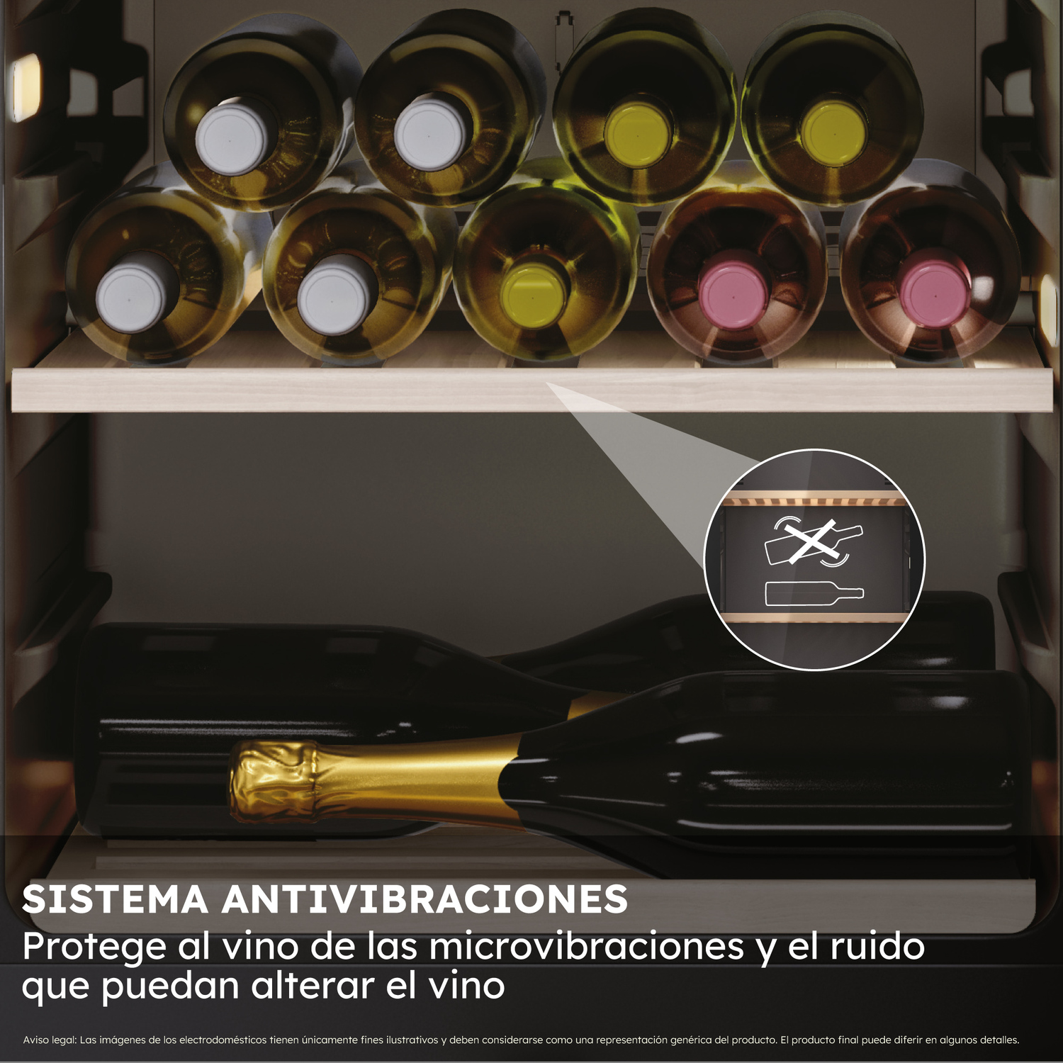 Dentro de una vinoteca, mostrando el sistema antivibración. Botellas de vino en estantes. Visible una botella de champán.