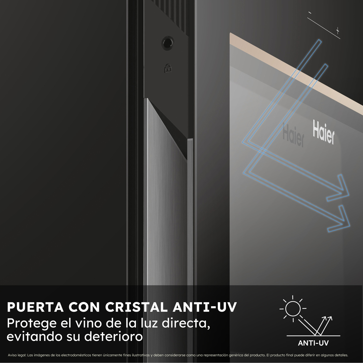 Una puerta de vinoteca con cristal anti-UV. Flechas muestran la luz UV siendo desviada. El logo de Haier es visible.