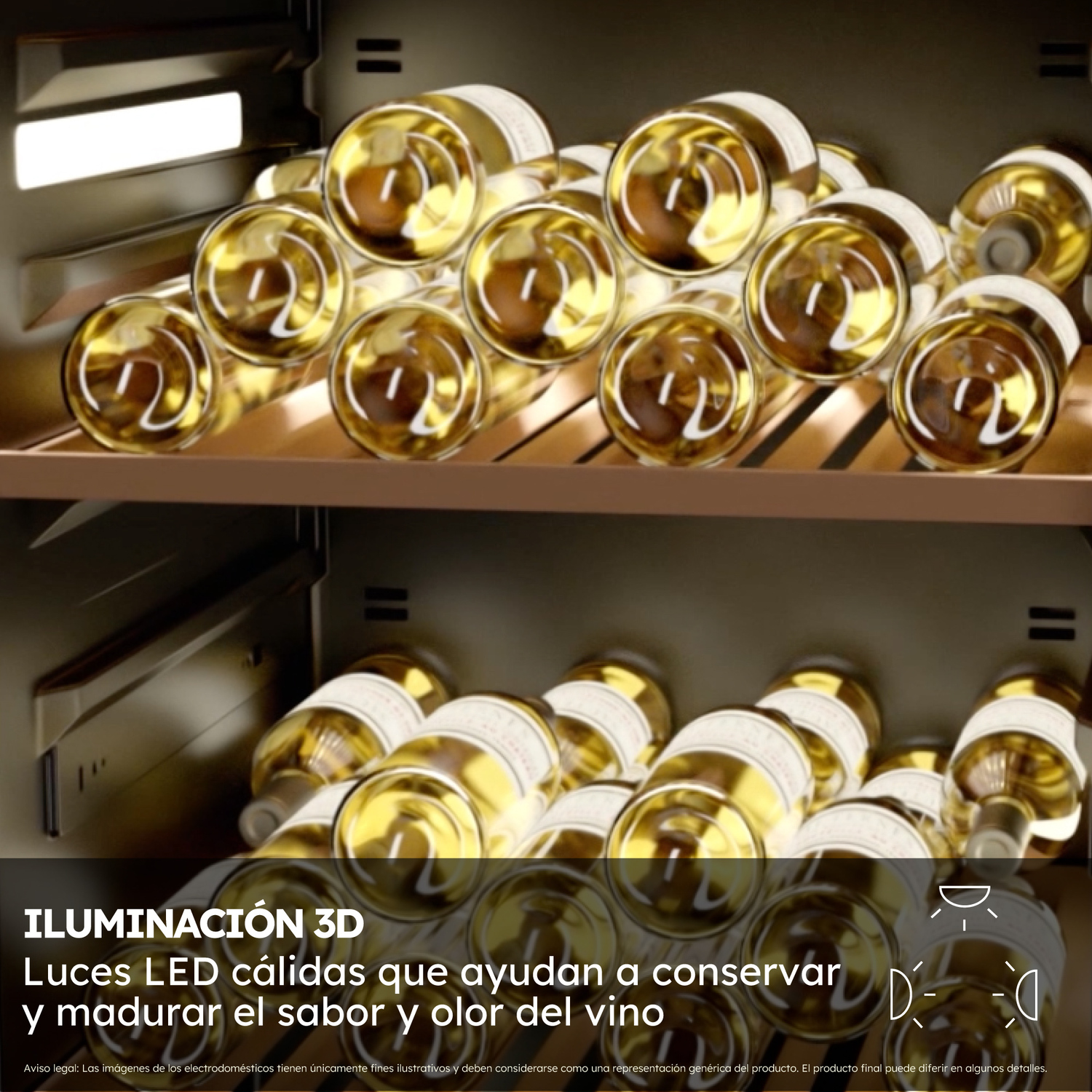 Dentro de una vinoteca, mostrando iluminación LED 3D. Botellas de vino en estantes. Las luces son cálidas.