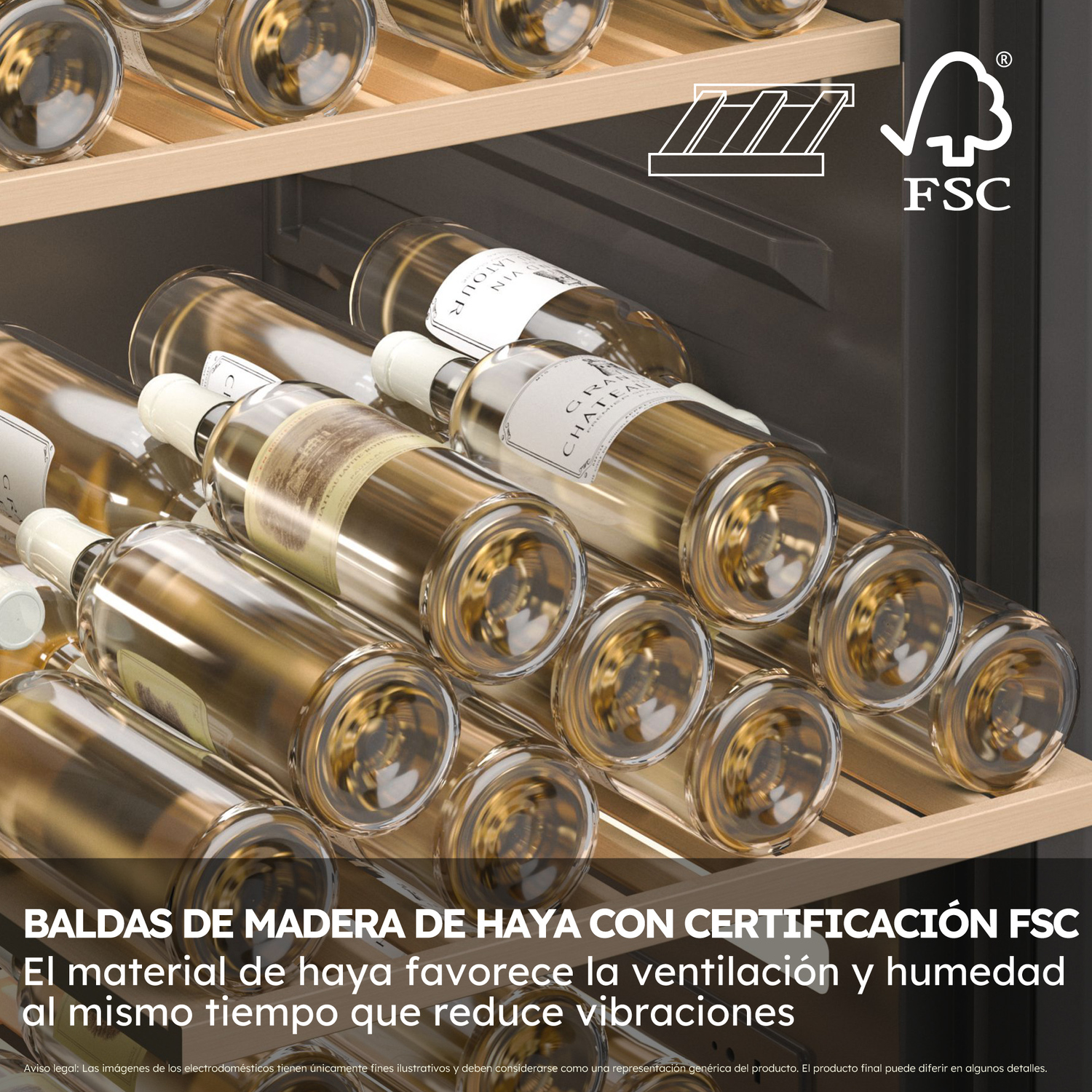 Botellas de vino en estante de madera, iluminadas, con texto sobre el estante y un logo FSC.