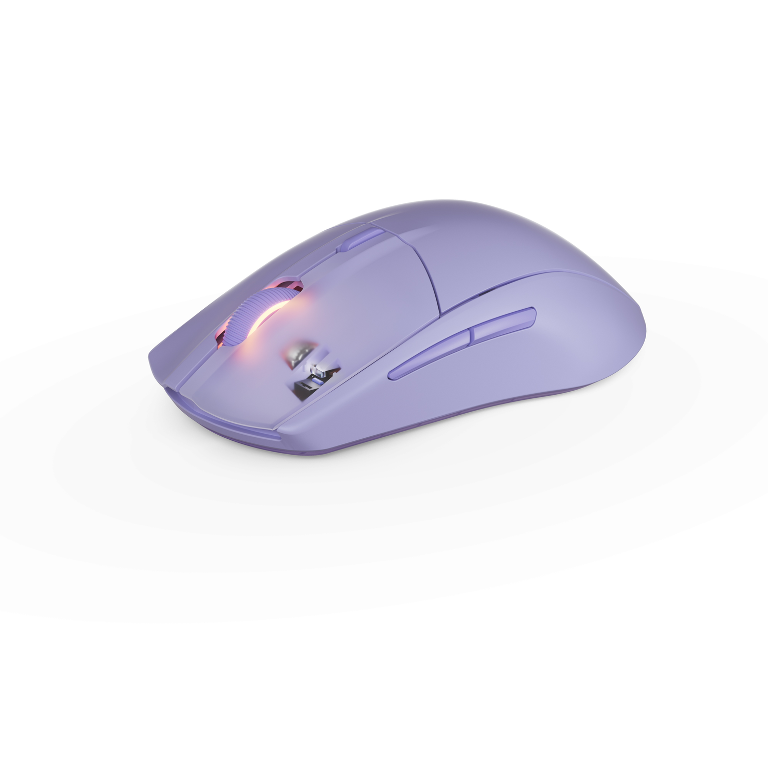 A lavender gaming mouse, angled view, on a white background.