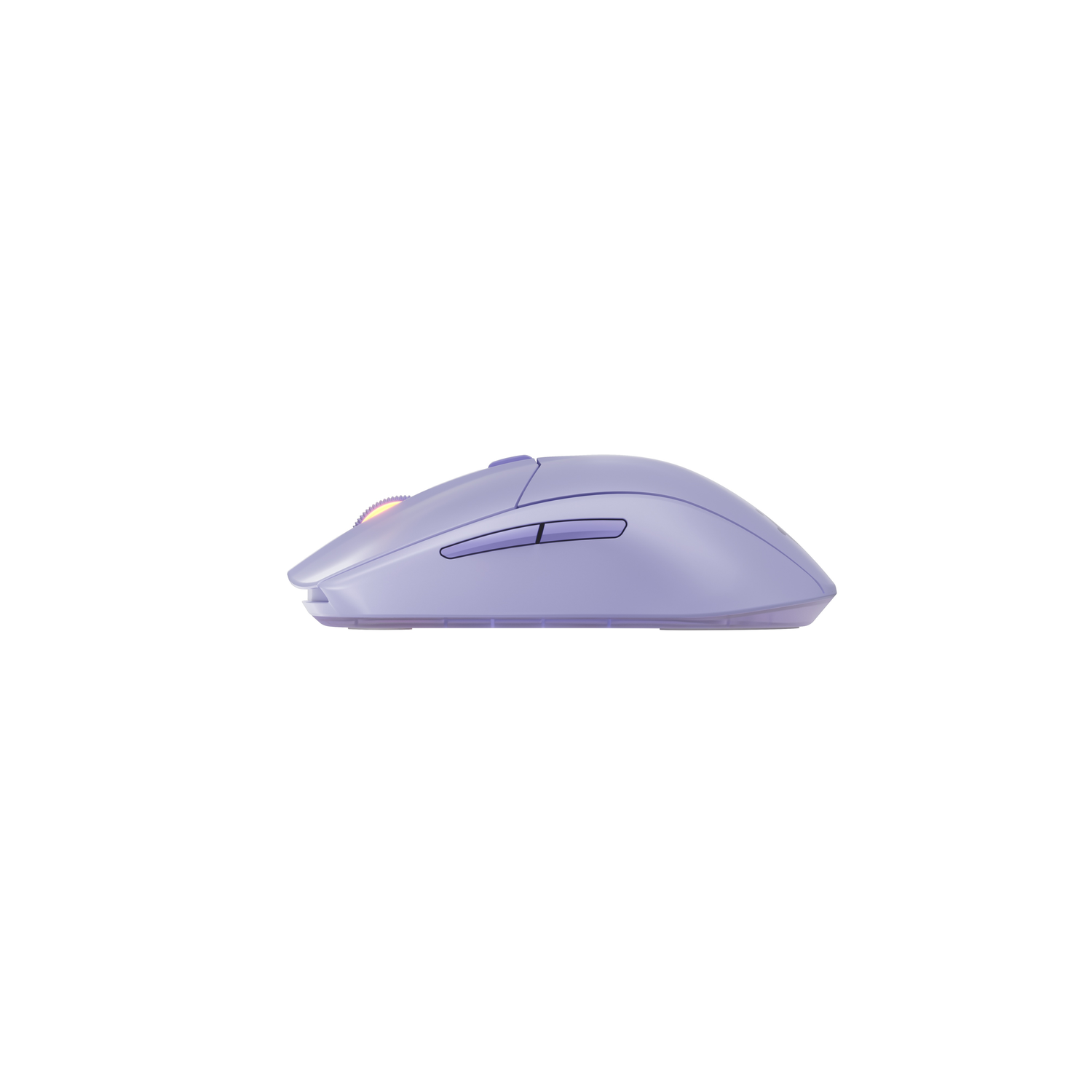 A lavender gaming mouse, side view, on a white background.