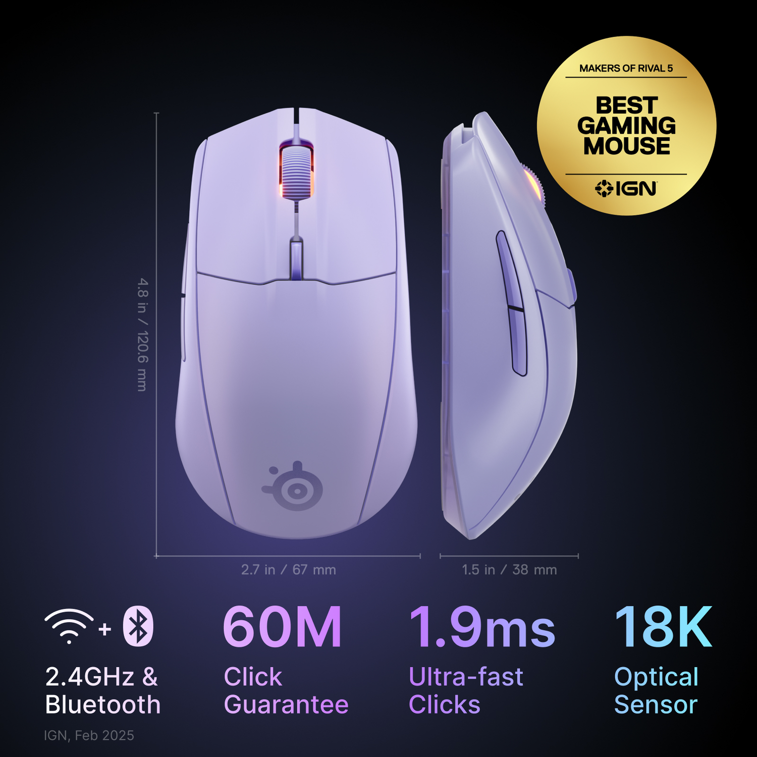 A lavender gaming mouse with specifications, dimensions, and awards.