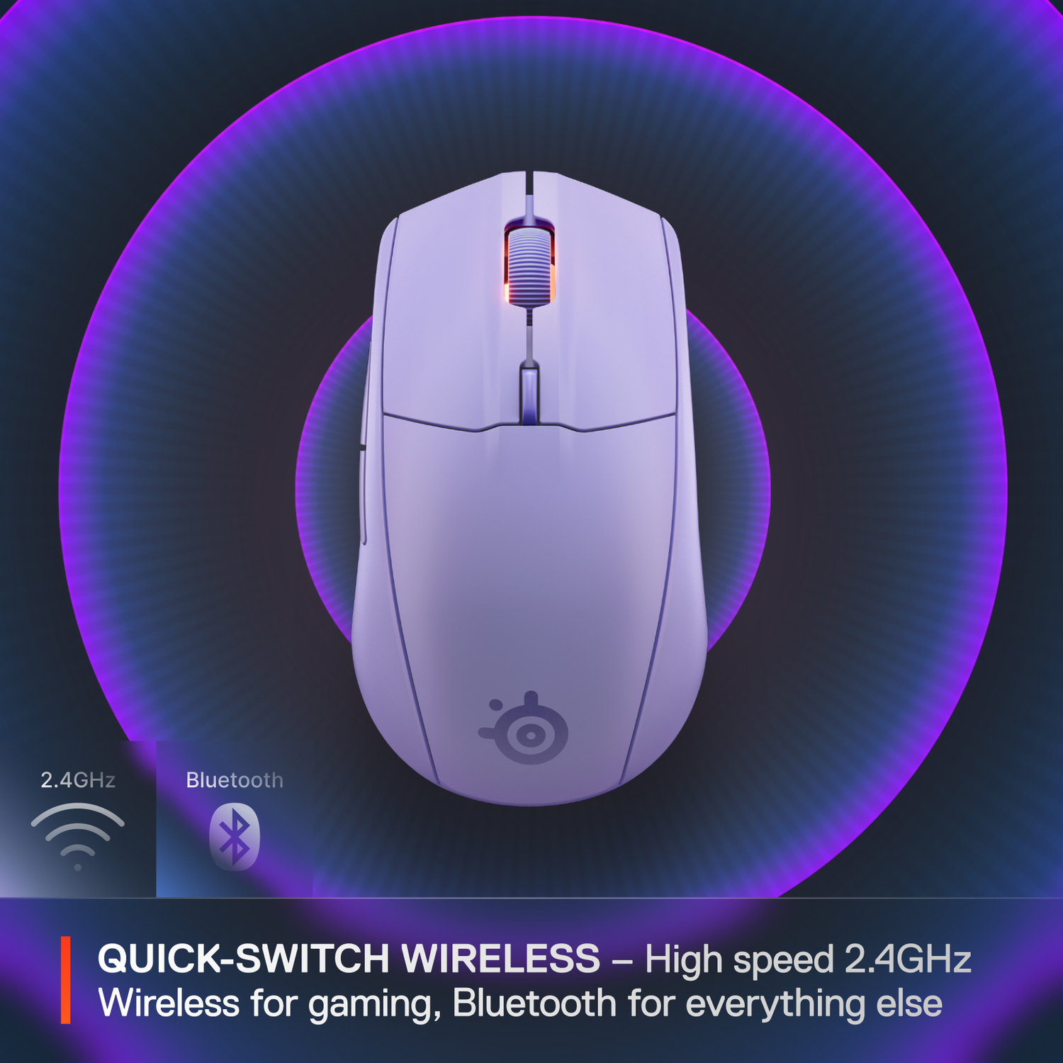 A lavender gaming mouse with wireless icons and text about Bluetooth and 2.4GHz.