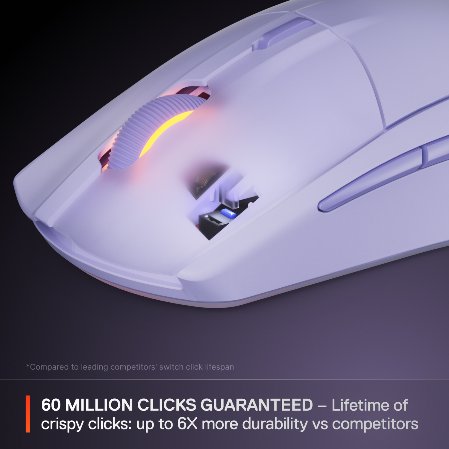 Purple gaming mouse, glowing scroll wheel, black background. Close-up view.