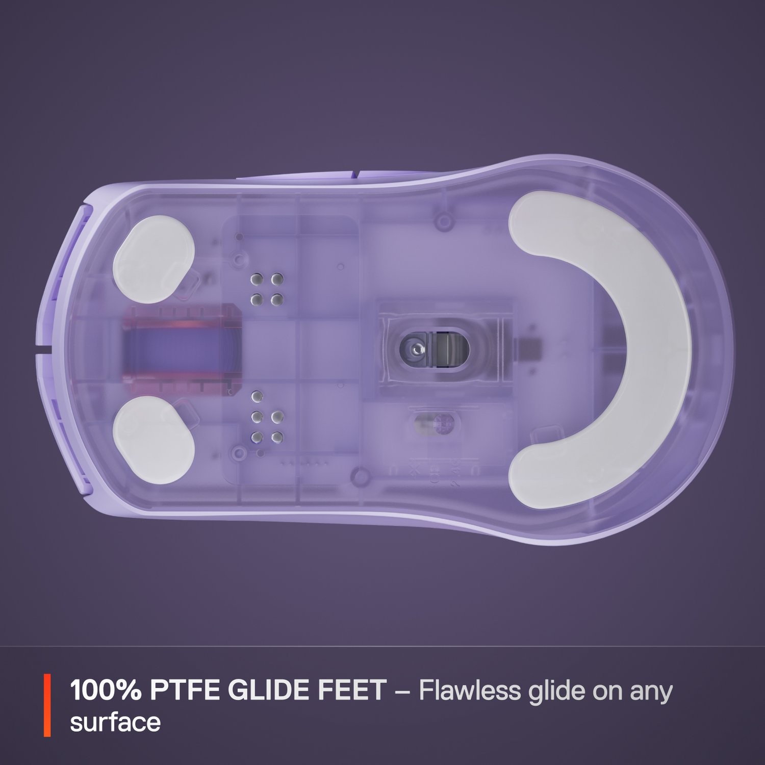 Purple gaming mouse underside, white pads, transparent design. Dark background.