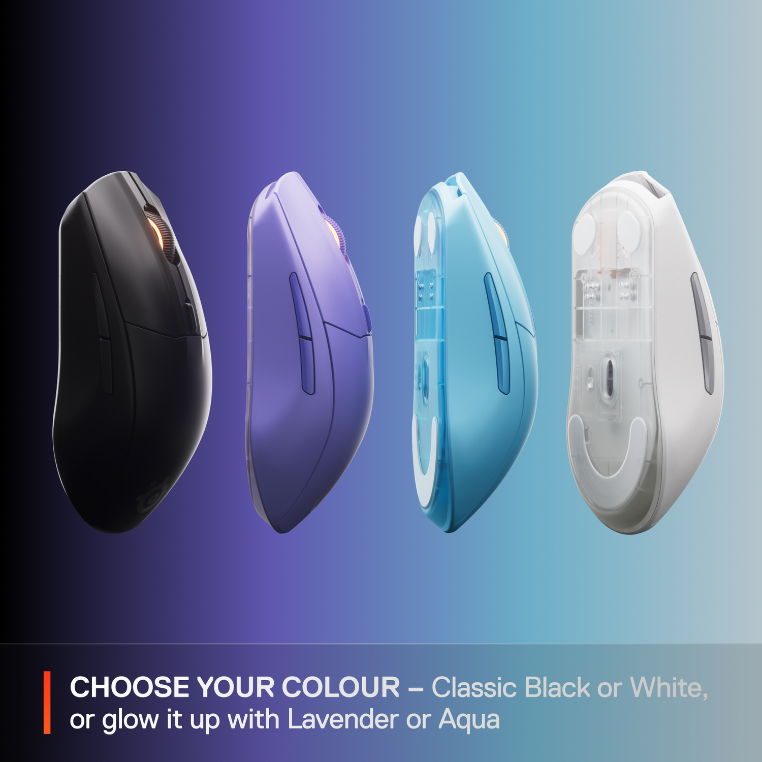 Four gaming mice in black, purple, light blue, and white. Gradient blue background.