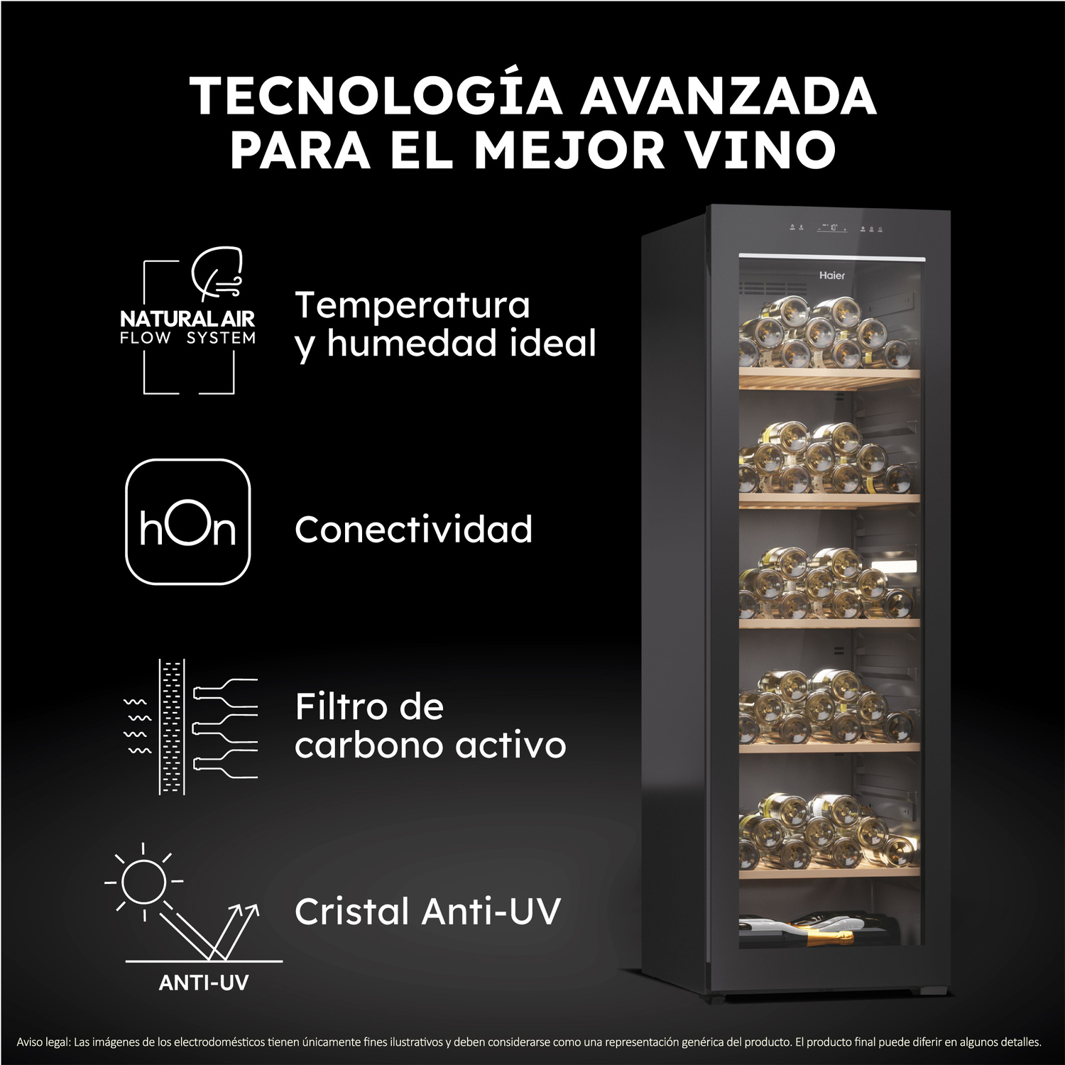 Enfriador de vino con botellas, negro. Texto blanco, fondo oscuro.