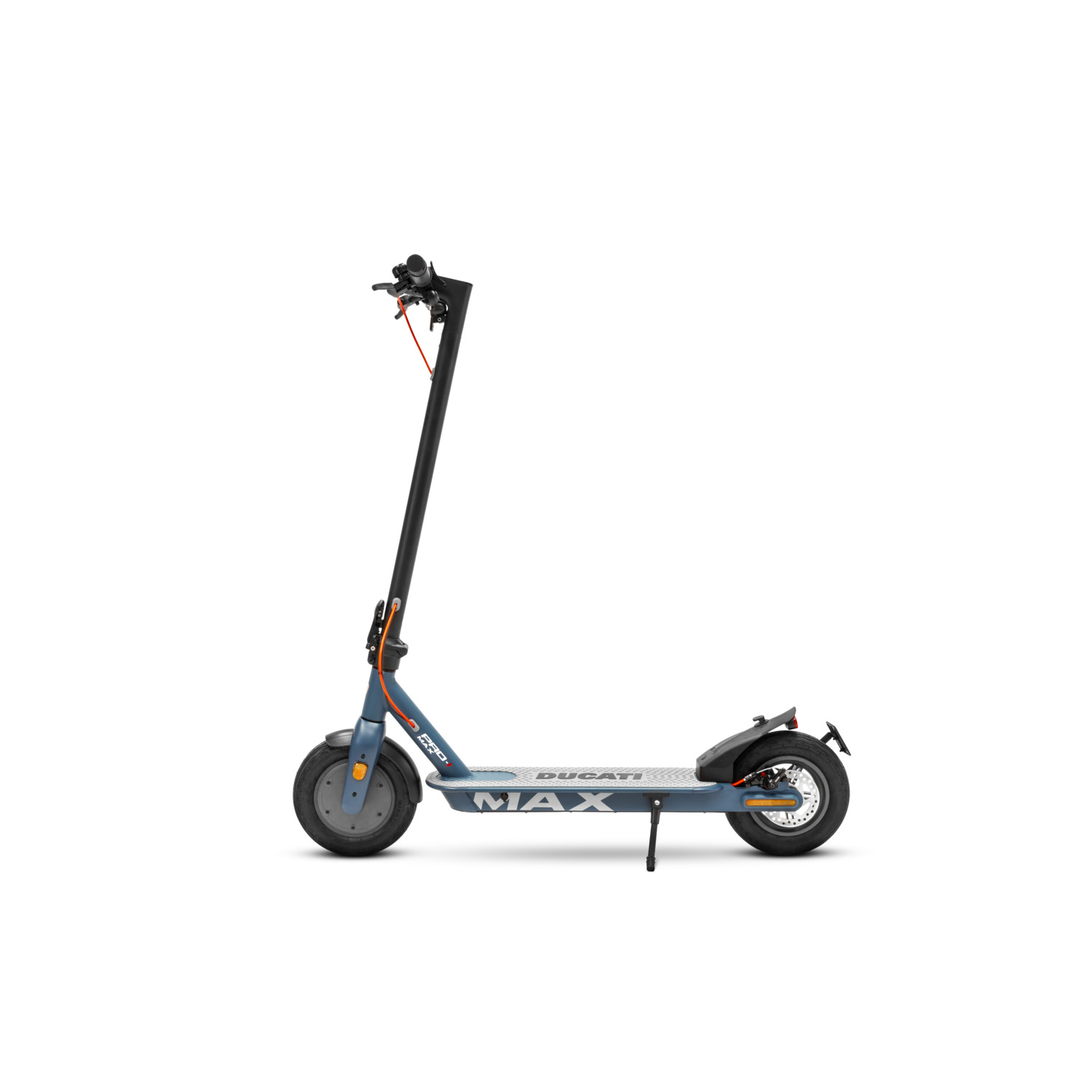 Ducati elektrische scooter op een witte achtergrond, zijaanzicht.