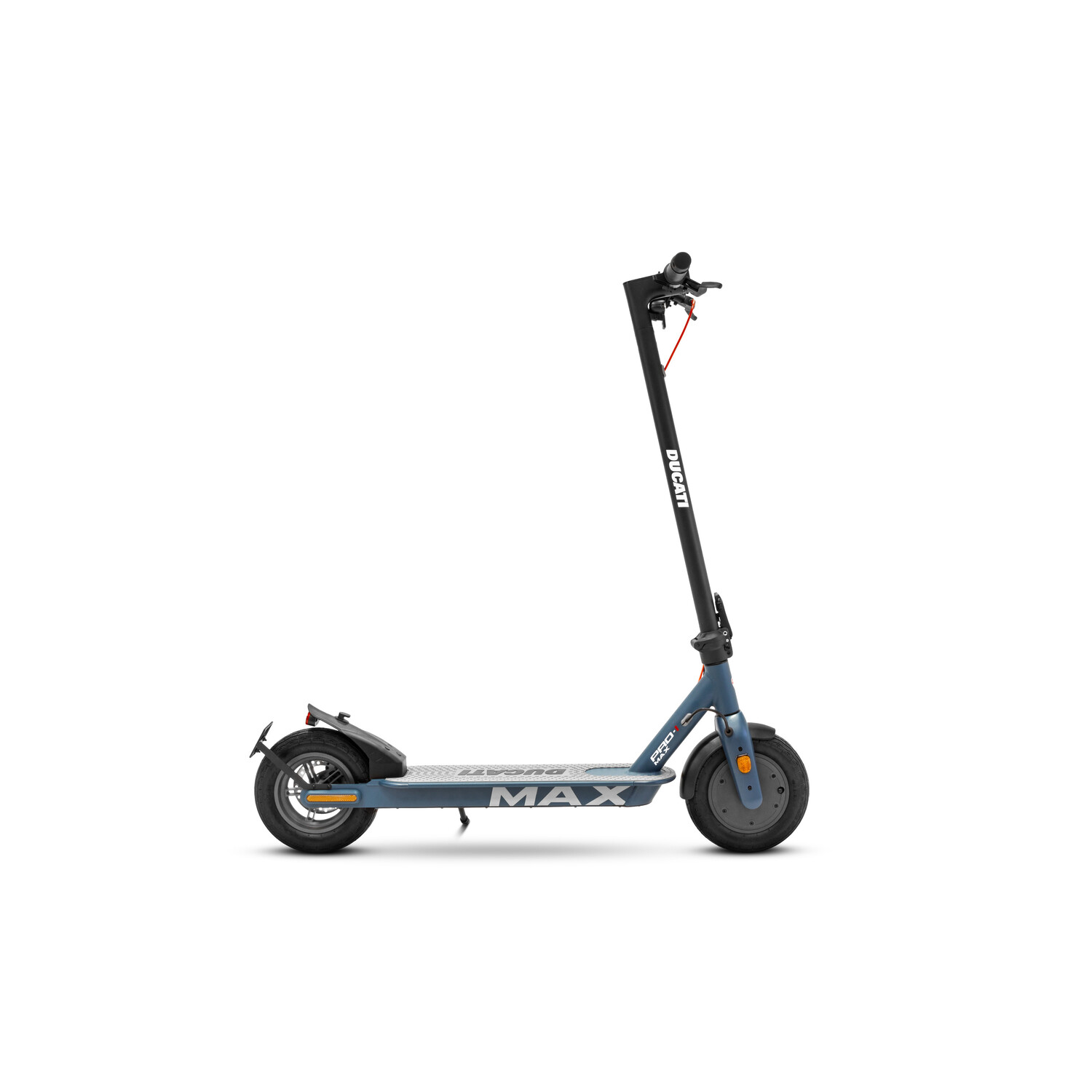 Ducati elektrische scooter op een witte achtergrond, zijaanzicht, met het MAX-logo.