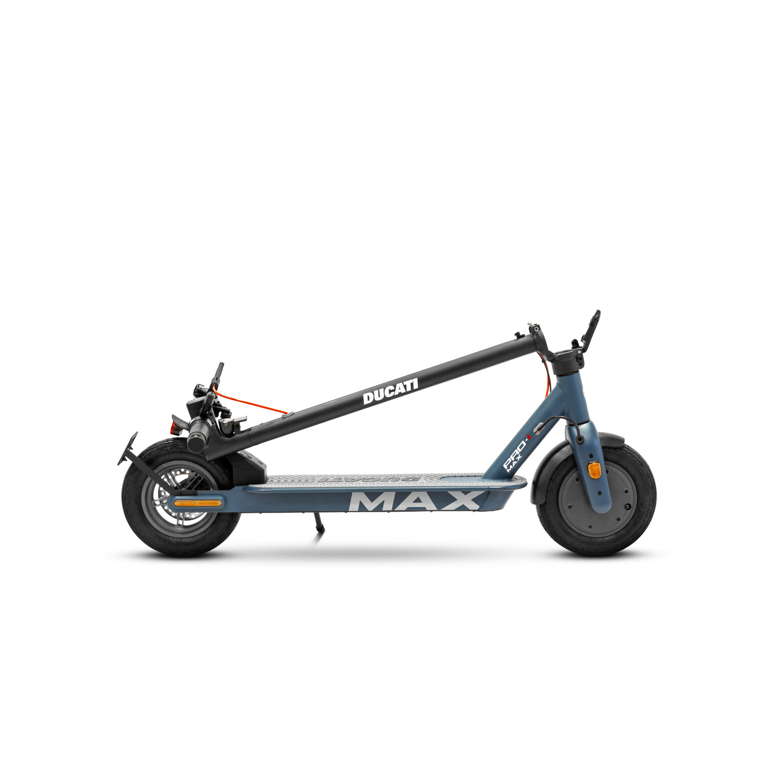 Ducati elektrische scooter, zijaanzicht, op een witte achtergrond, met het MAX-logo.