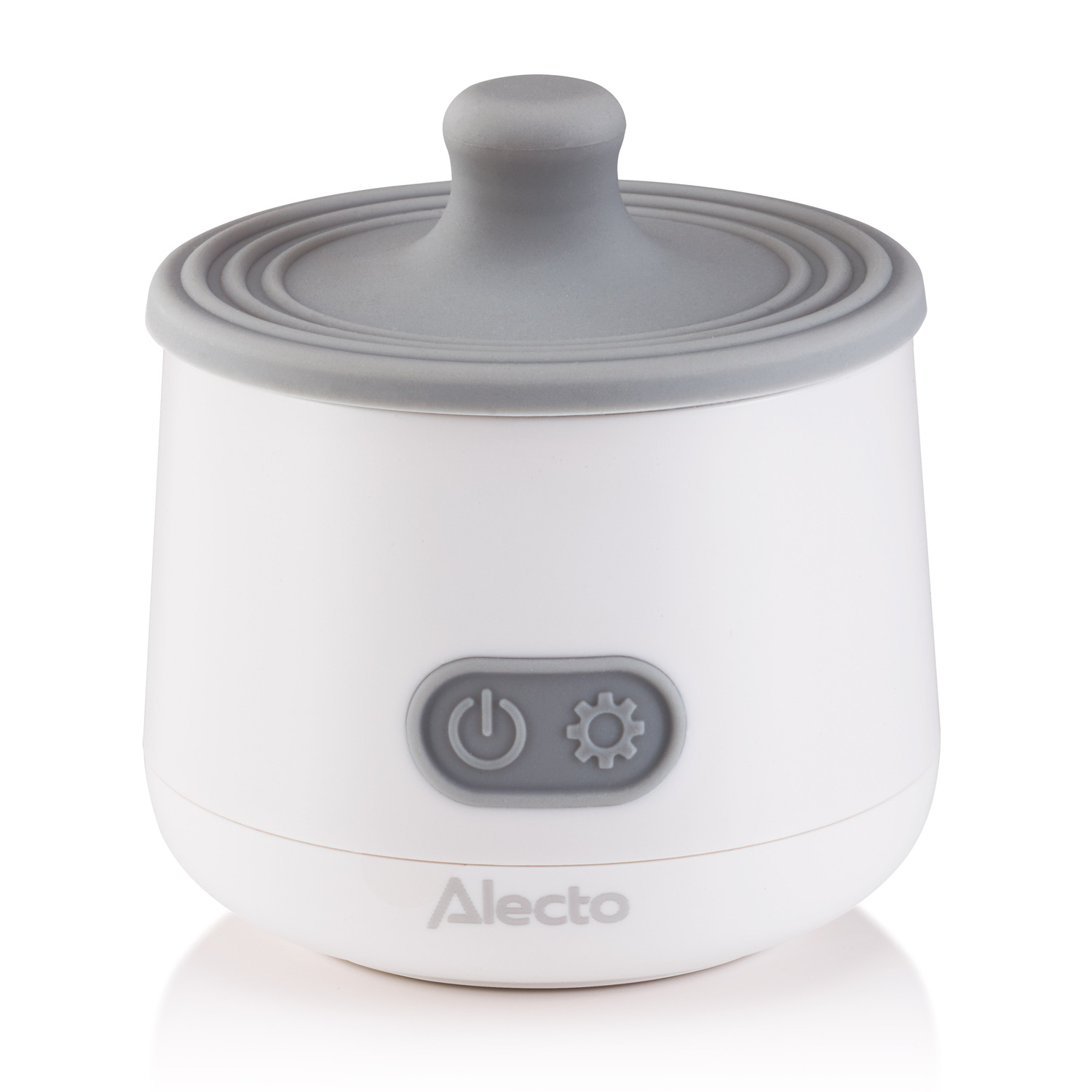 White and grey baby bottle warmer. Grey lid, power and gear icons on the device. White background.