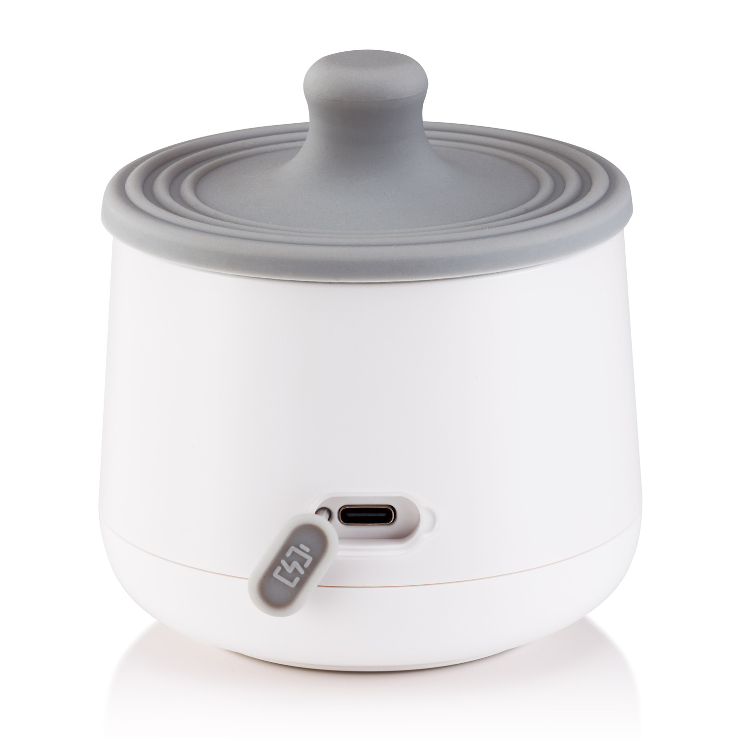 White baby bottle warmer with a USB port. Grey lid, power and gear icons. White background.