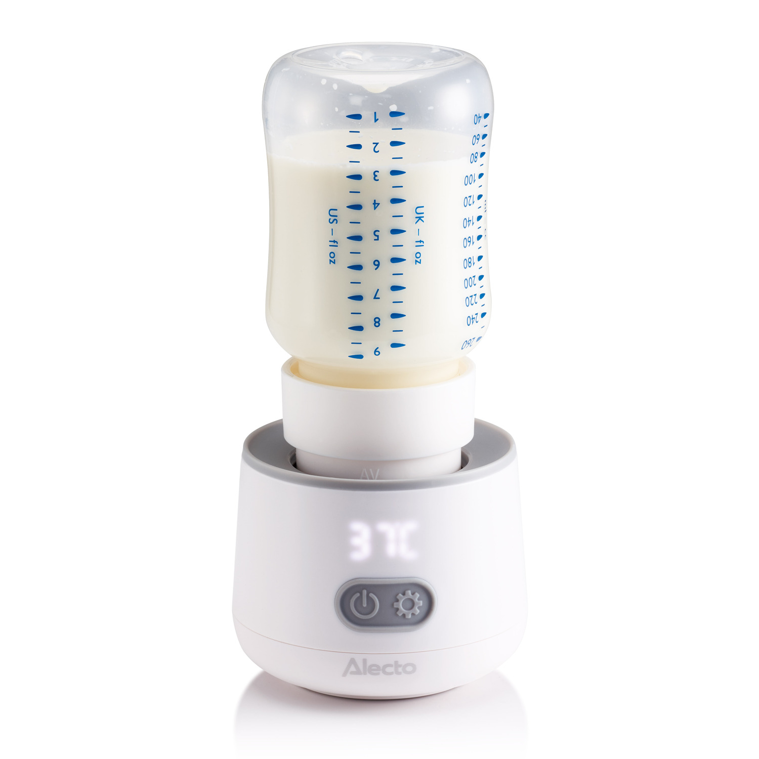White baby bottle warmer with a bottle. 37°C display. Alecto brand, white background.
