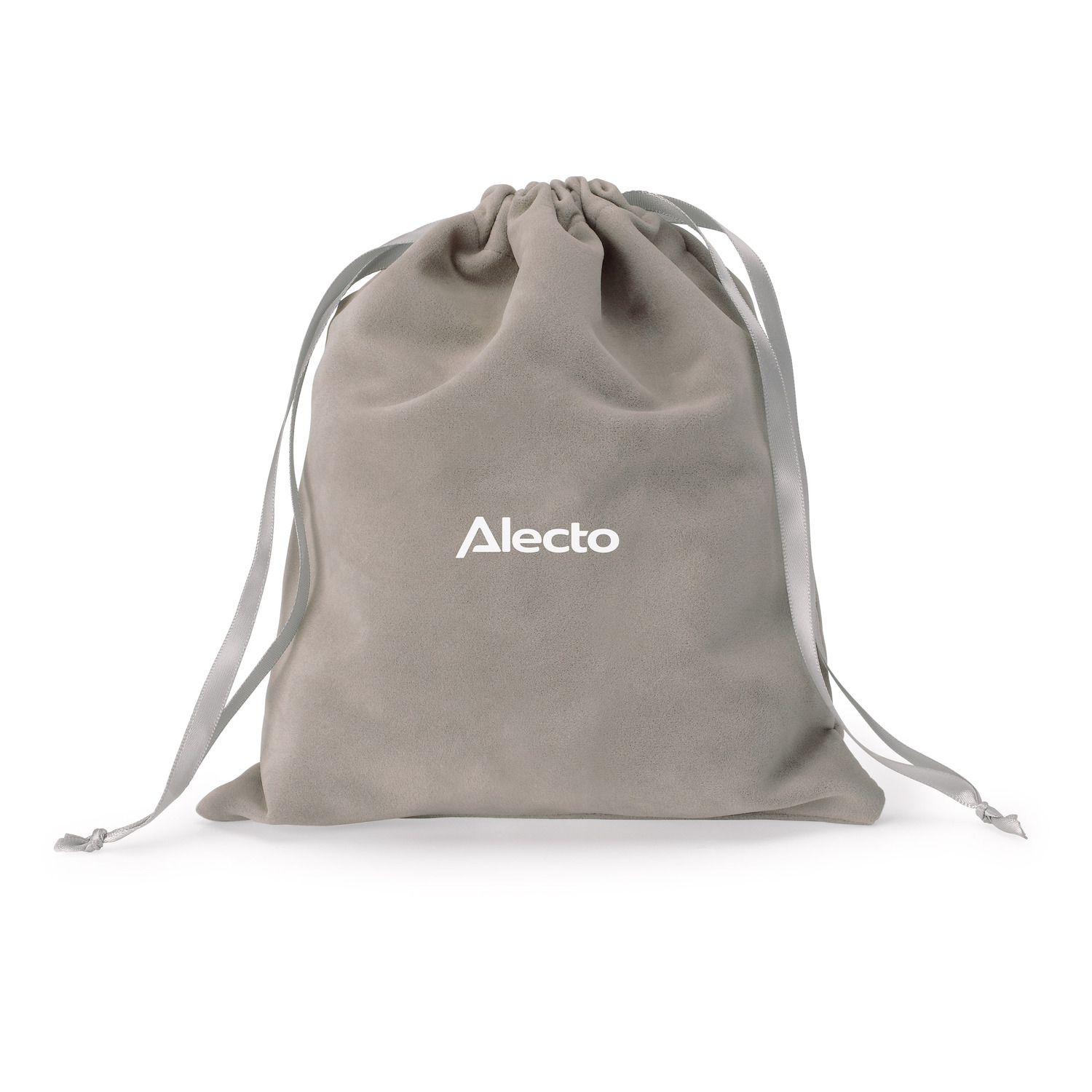 Grey drawstring bag with white Alecto logo. White background.