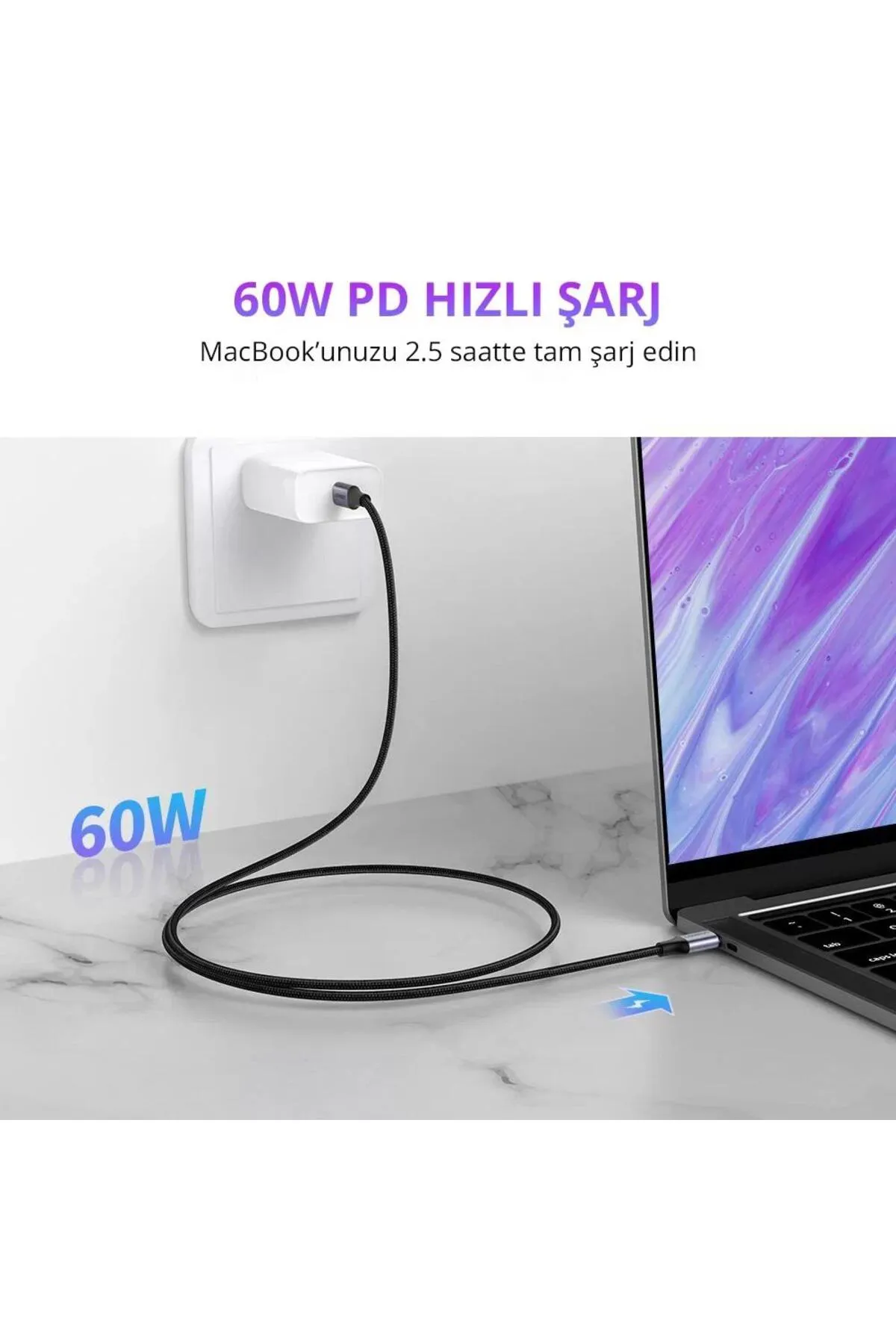Siyah bir şarj kablosu bir dizüstü bilgisayara ve duvara bağlanır. Metin şu şekildedir: 60W PD Hızlı Şarj.