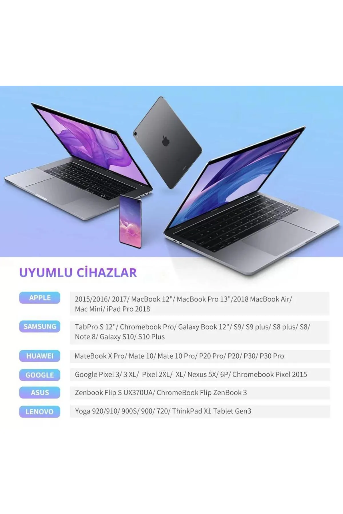Görüntü, ürünle uyumlu cihazları gösterir. Apple, Samsung, Huawei, Google, Asus ve Lenovo'yu içerir.