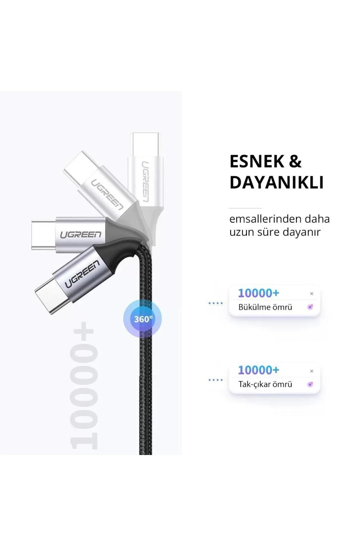 Farklı konumlarda UGREEN konektörlü bir kablo. Metin şunları söylüyor: Esnek ve Dayanıklı, 10000+ bükülme ve takma.