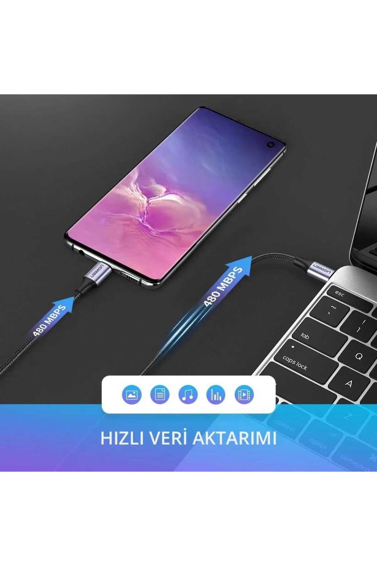 Bir telefon ve dizüstü bilgisayar bir kablo ile bağlanır. Metin şu şekildedir: Hızlı Veri Aktarımı, 480 MBPS.