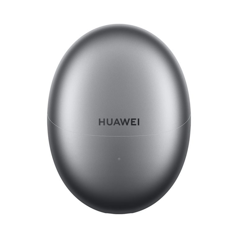 Geschlossenes graues Ladeetui für kabellose Ohrhörer, mit 'HUAWEI' aufgedruckt.