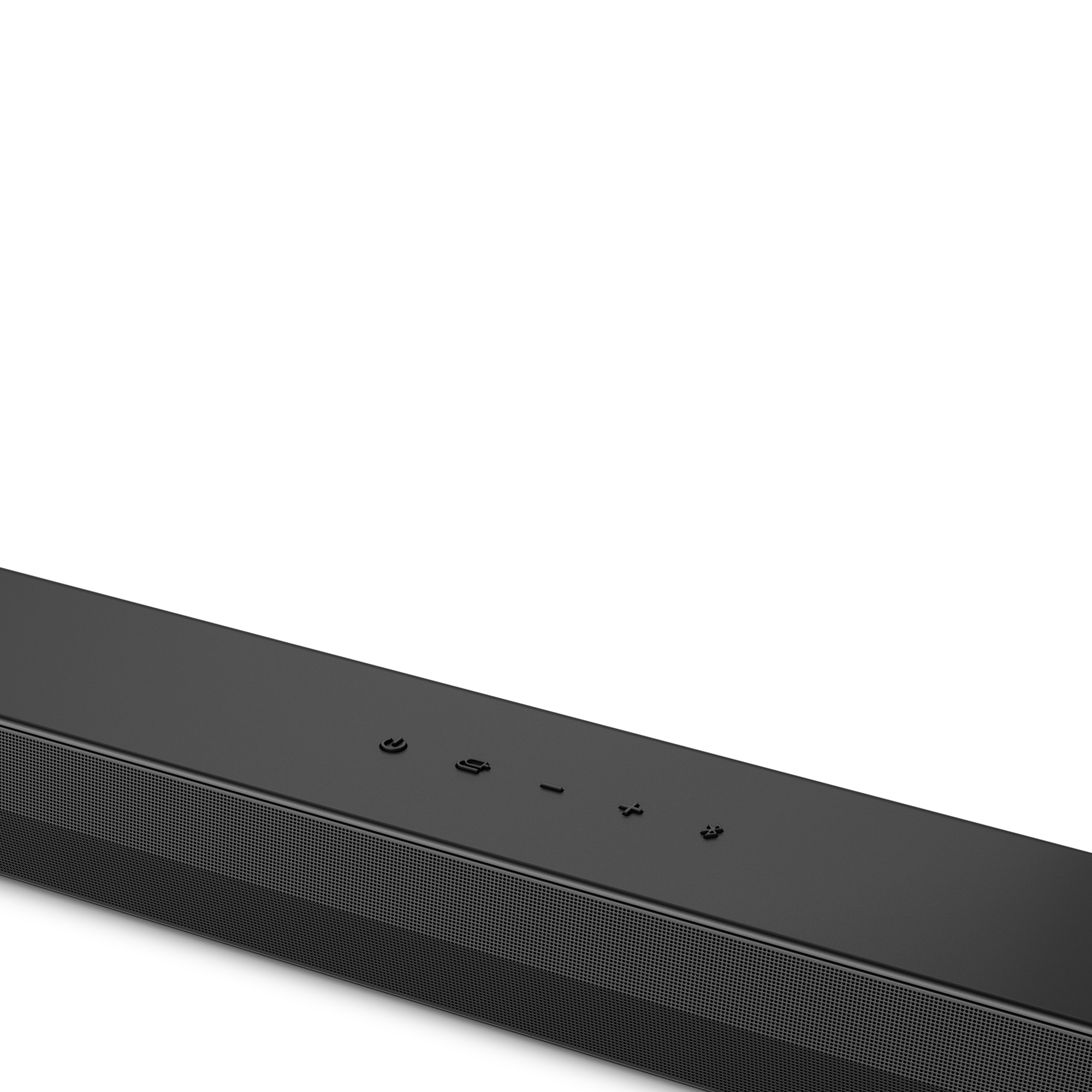 Barra de sonido negra con botones sobre blanco.