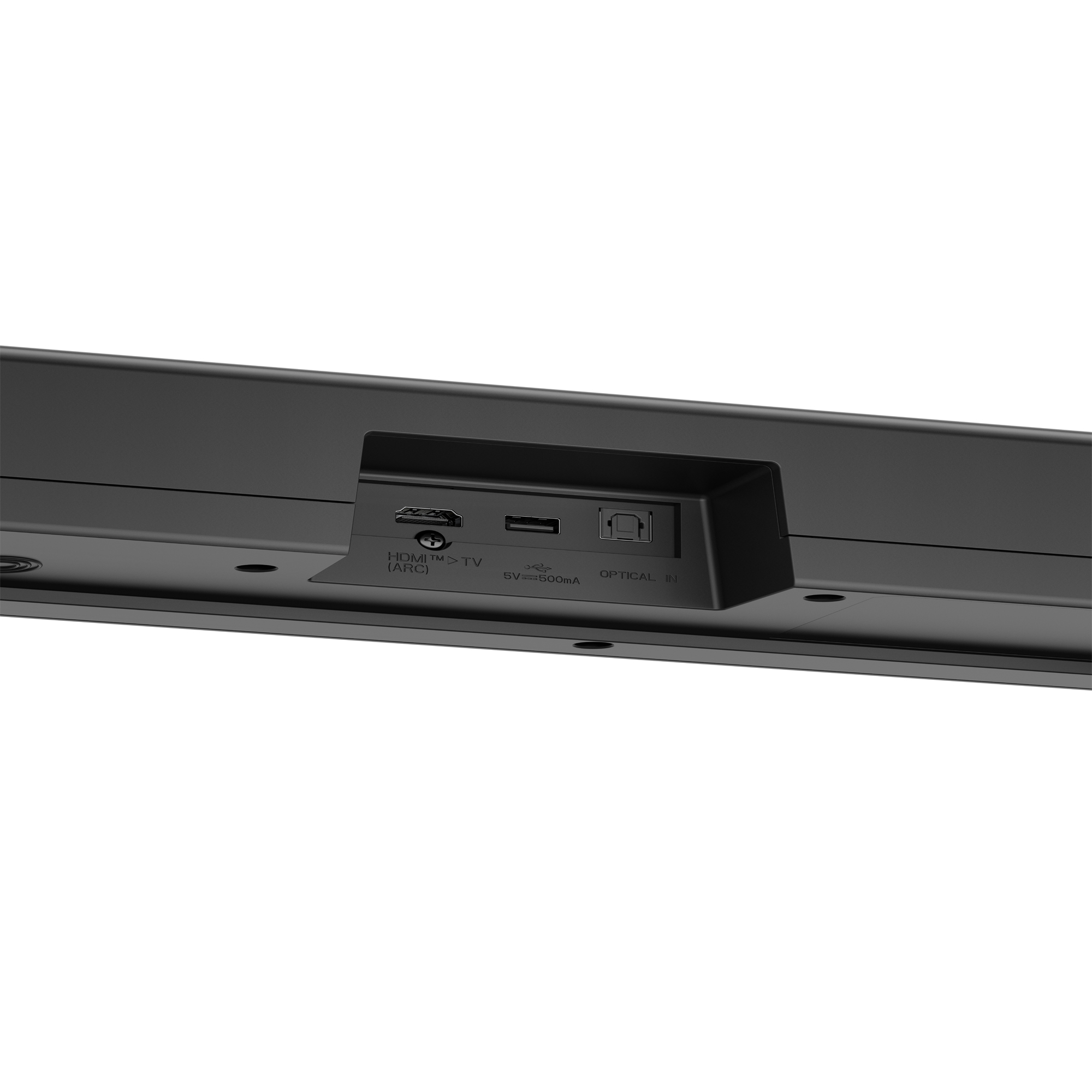 Parte trasera de la barra de sonido negra con puertos visibles.