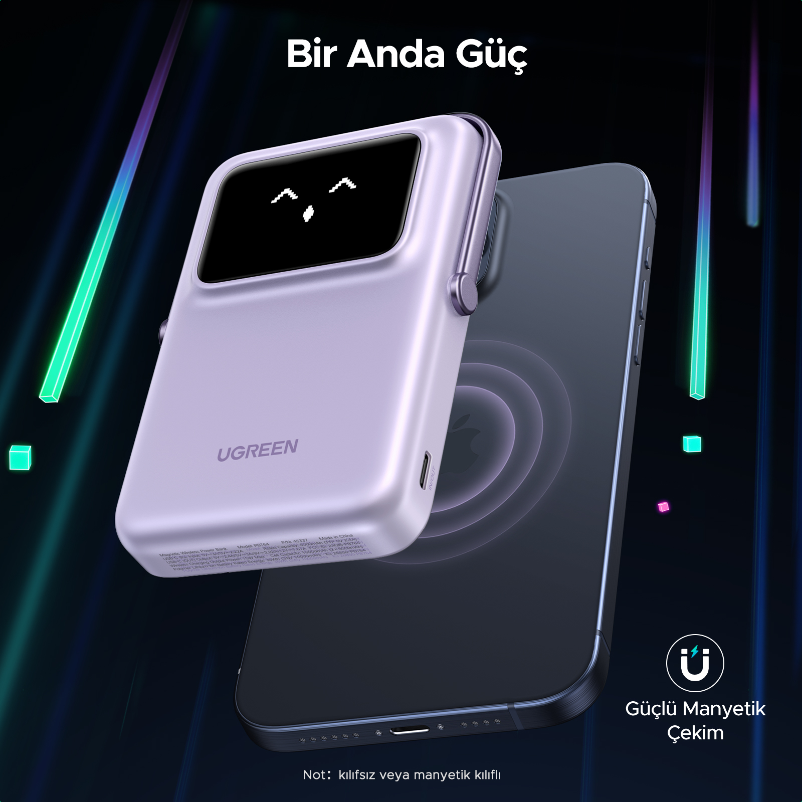 Bir powerbank'in bir telefonu şarj ettiğini ve kendisinin şarj edildiğini gösteren iki görüntü. Metin: 20W USB-C Hızlı Şarj.