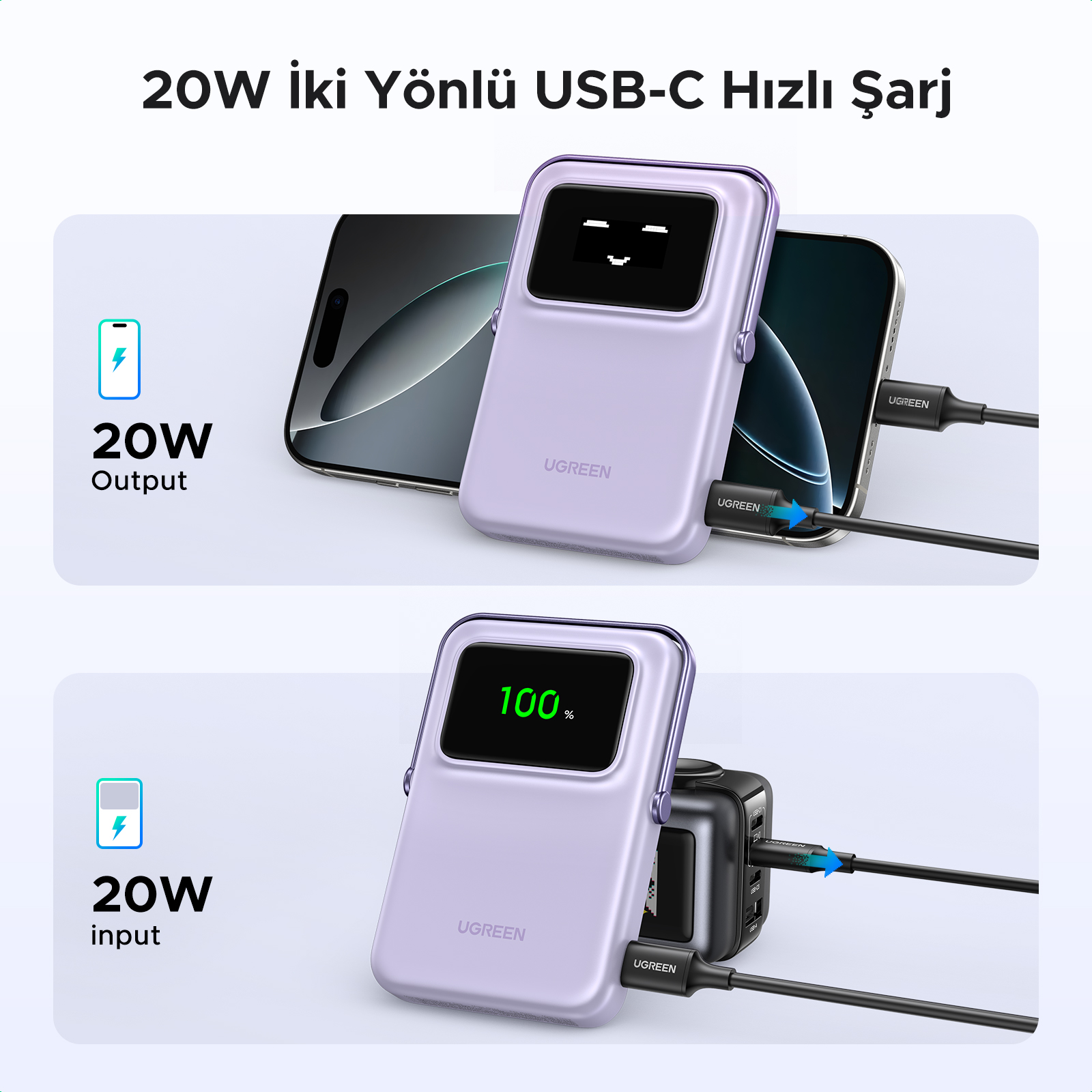 Bir kadın, bağlı bir powerbank ile bir telefon tutuyor. Metin: Günlerce 10000mAh güç (Günlerce güç).