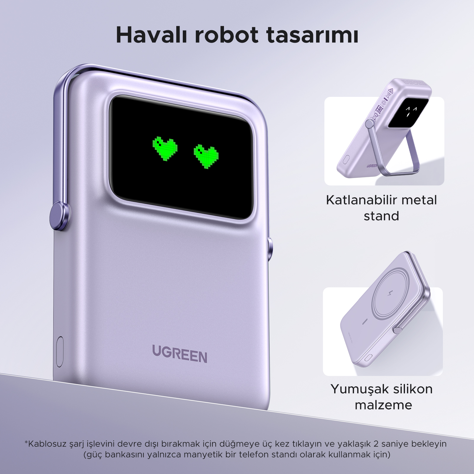 Emojiler gösteren bir ekranı olan leylak rengi bir powerbank. Metin: Durum Emojileri ile TFT-Smart Ekran (Durum Emojileri ile TFT-Akıllı Ekran).