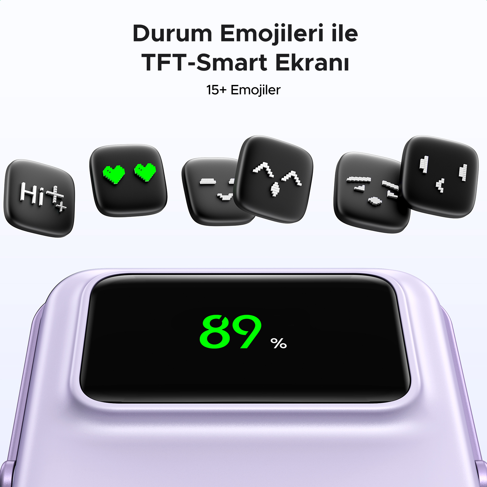 Bir kadın leylak rengi bir powerbank ve bir telefon tutuyor. Metin: Kompakt ve Taşınabilir (Kompakt ve Taşınabilir).