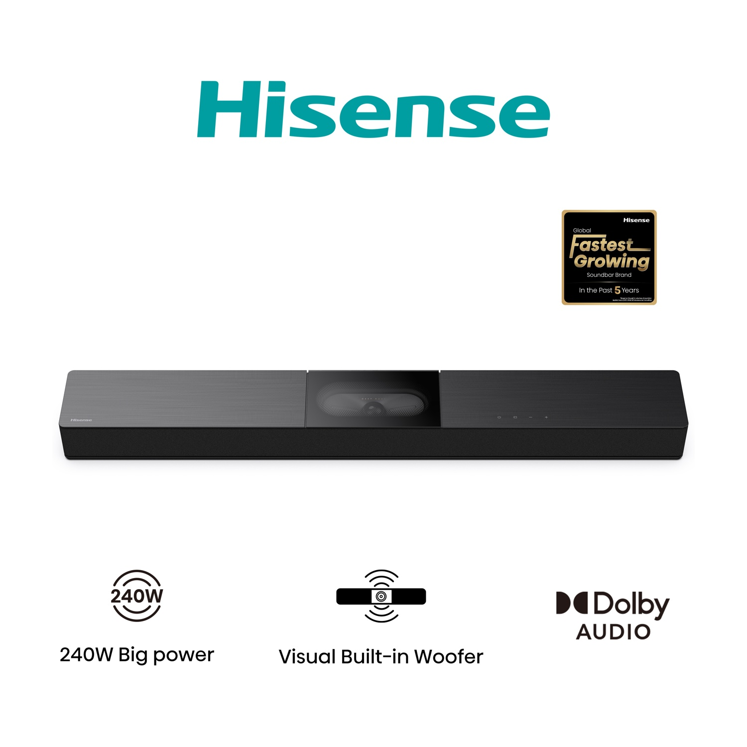 Soundbar Hisense nera con woofer centrale e testo in basso. Adesivo dorato a destra.