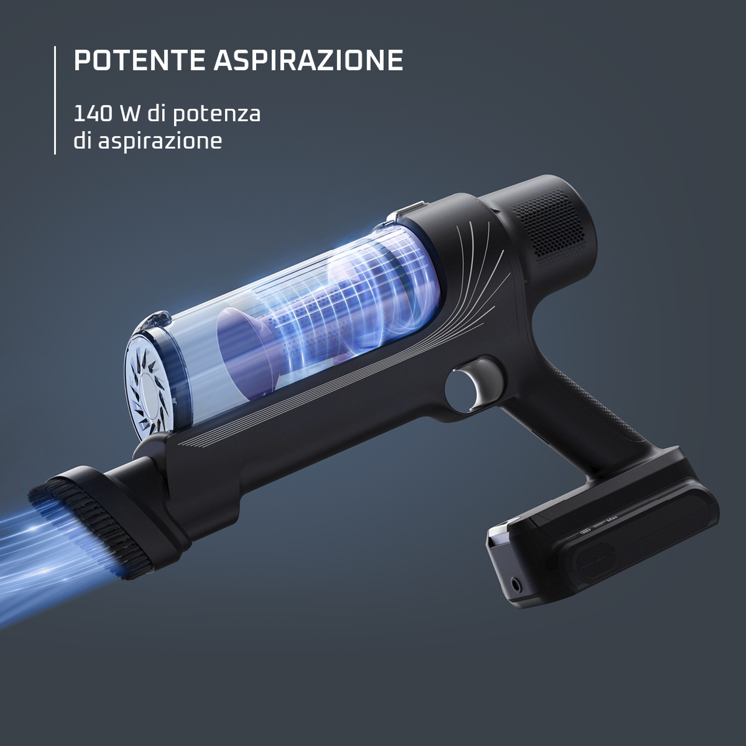Aspirapolvere senza fili nero con testo 'POTENTE ASPIRAZIONE' e '140 W di potenza'. Sfondo blu.
