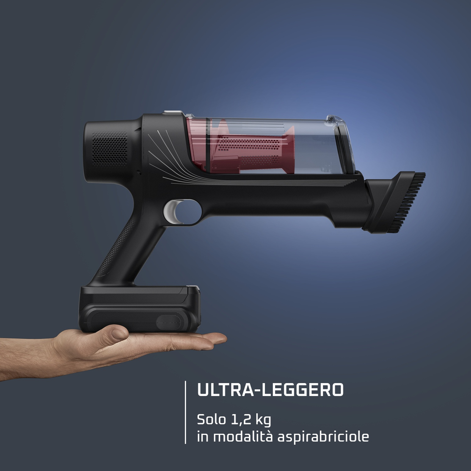 Aspirapolvere senza fili nero tenuto in mano, con testo 'ULTRA-LEGGERO'. Sfondo blu.