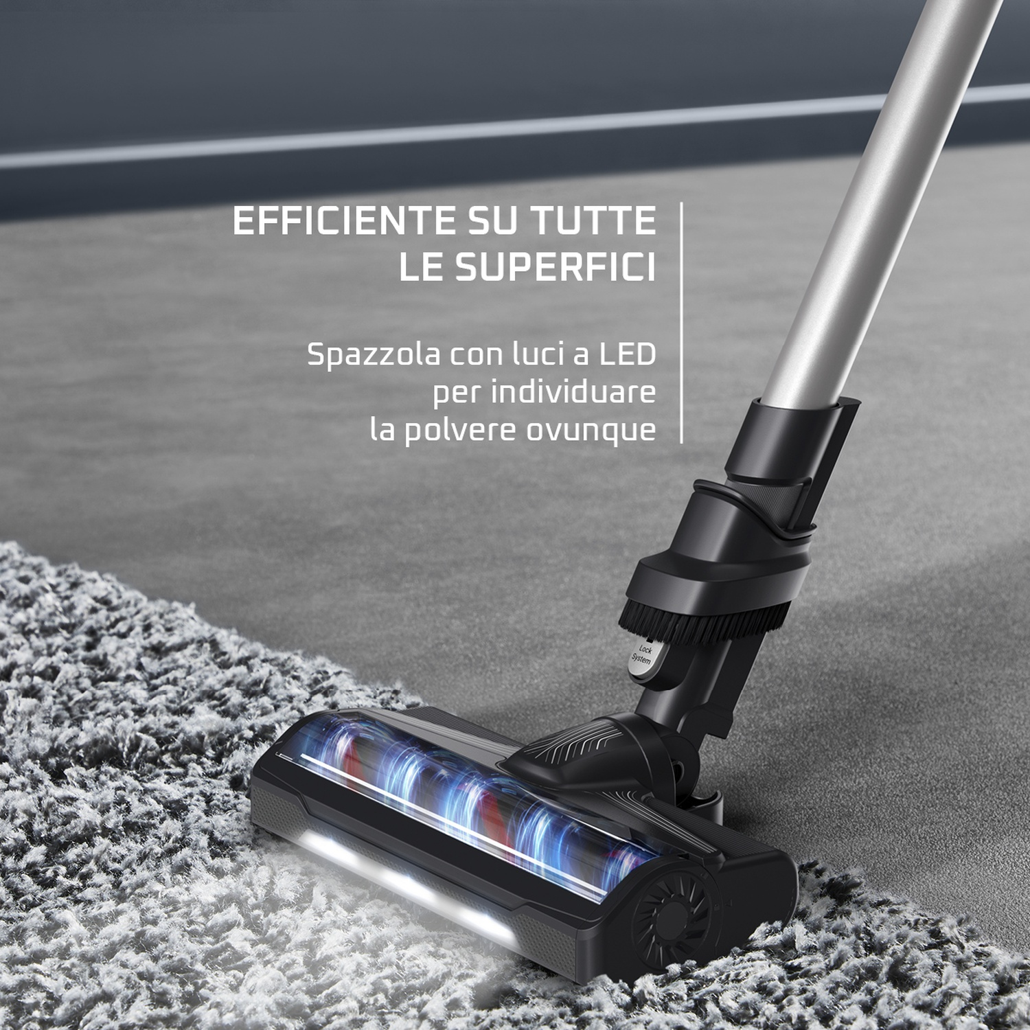 Testa dell'aspirapolvere su moquette con luci LED accese. Testo: 'EFFICIENTE SU...'