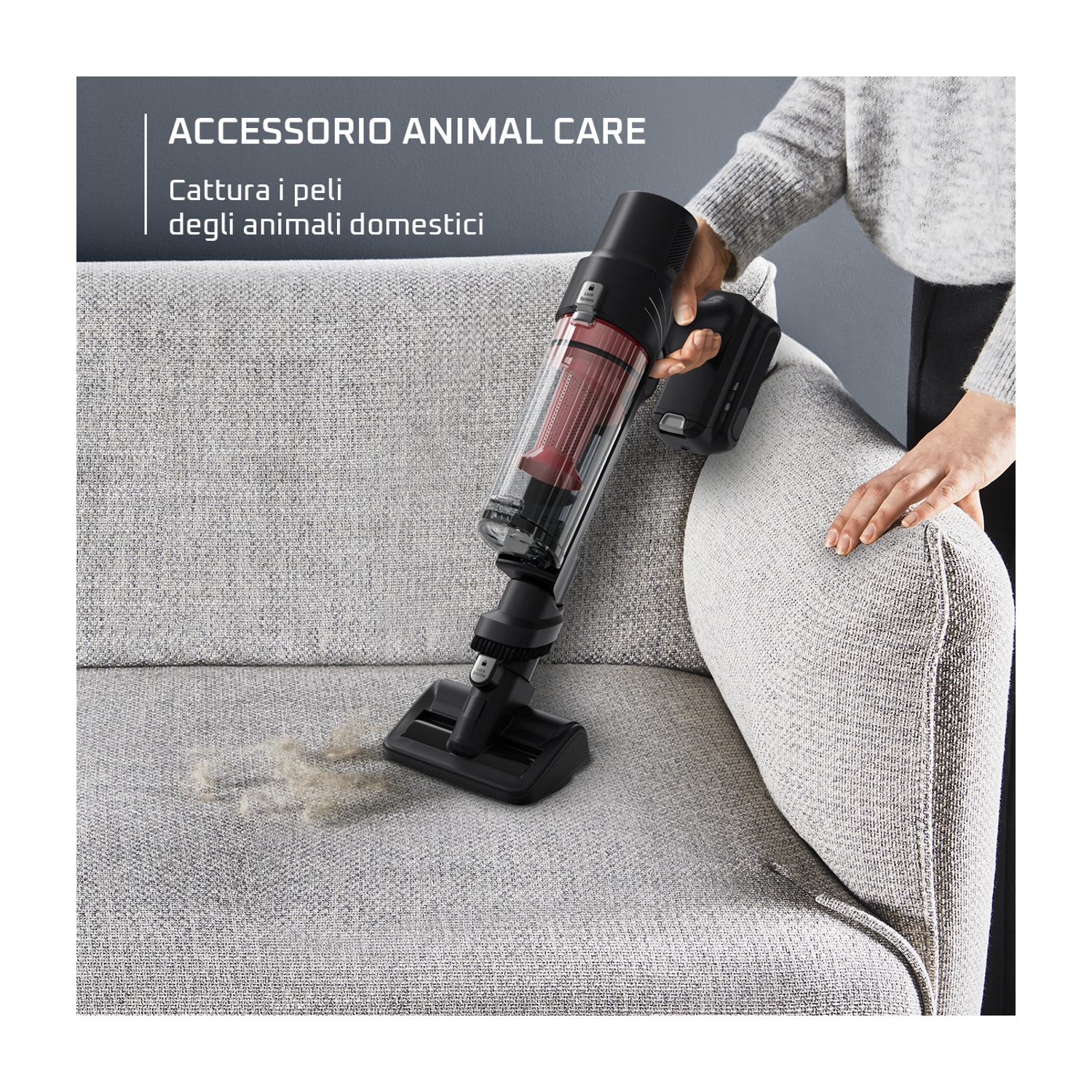 Donna che aspira un divano con un aspirapolvere senza fili. Testo: 'ACCESSORIO ANIMAL CARE'.