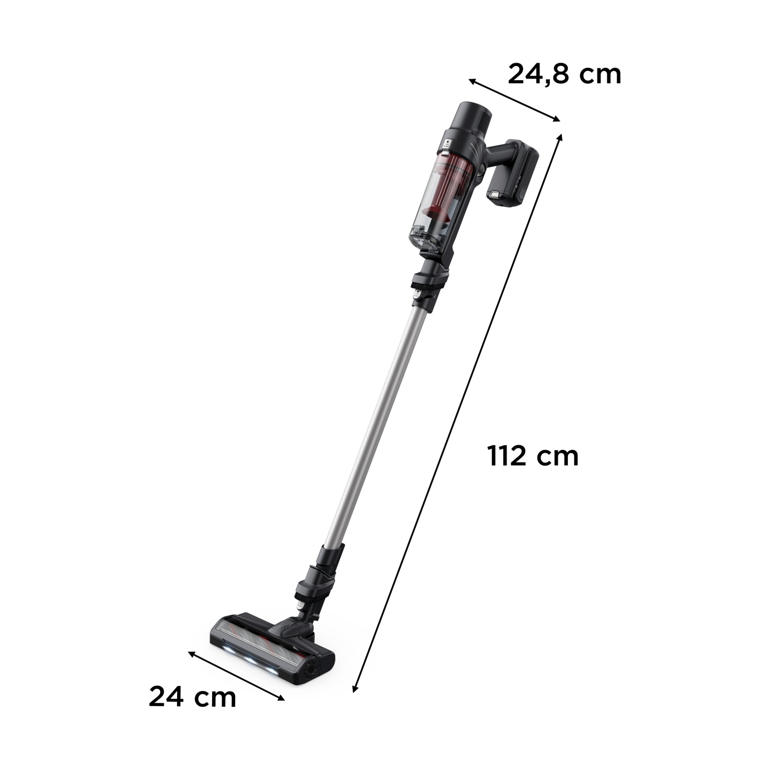 Aspirapolvere senza fili con dimensioni. Testo: 24,8 cm, 112 cm, 24 cm. Sfondo bianco.