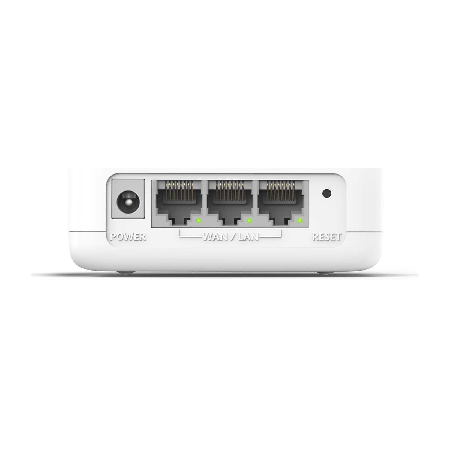 Primo piano di un dispositivo bianco con porte di alimentazione, WAN/LAN e reset. Luci verdi accese.
