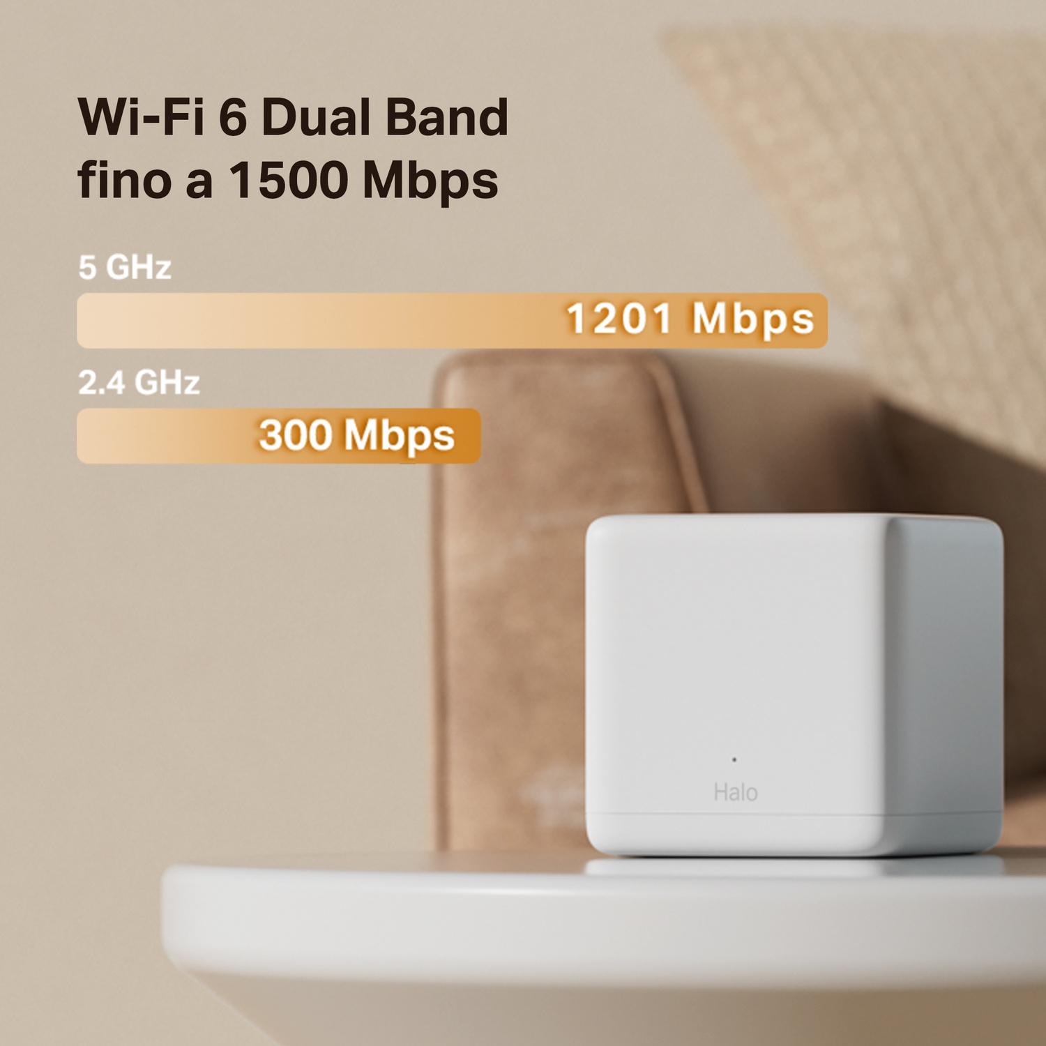 Wi-Fi 6 Dual Band con velocità fino a 1500 Mbps. 5 GHz a 1201 Mbps, 2.4 GHz a 300 Mbps.