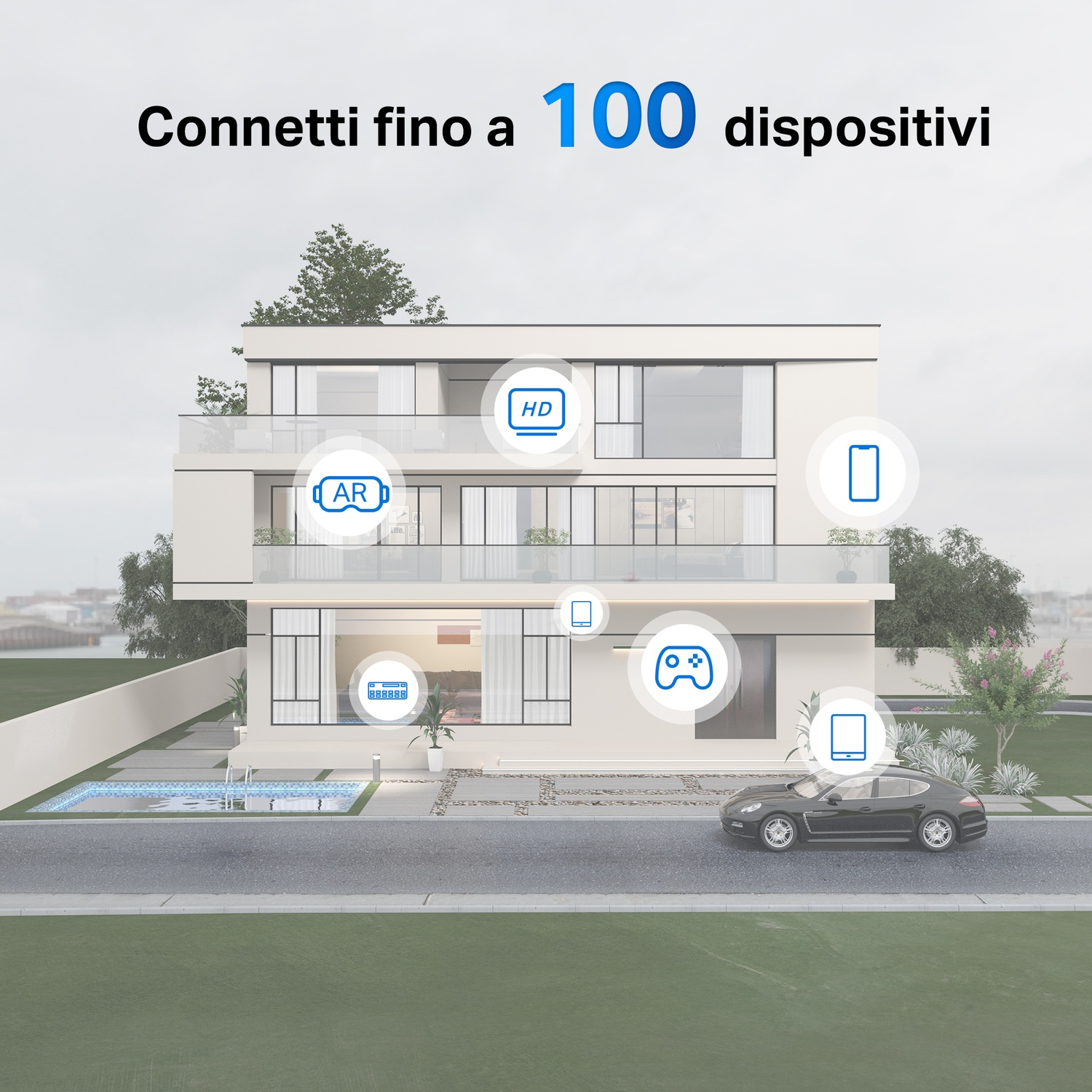 Illustrazione di una casa con dispositivi connessi a una rete Wi-Fi. Mostra vari dispositivi connessi.