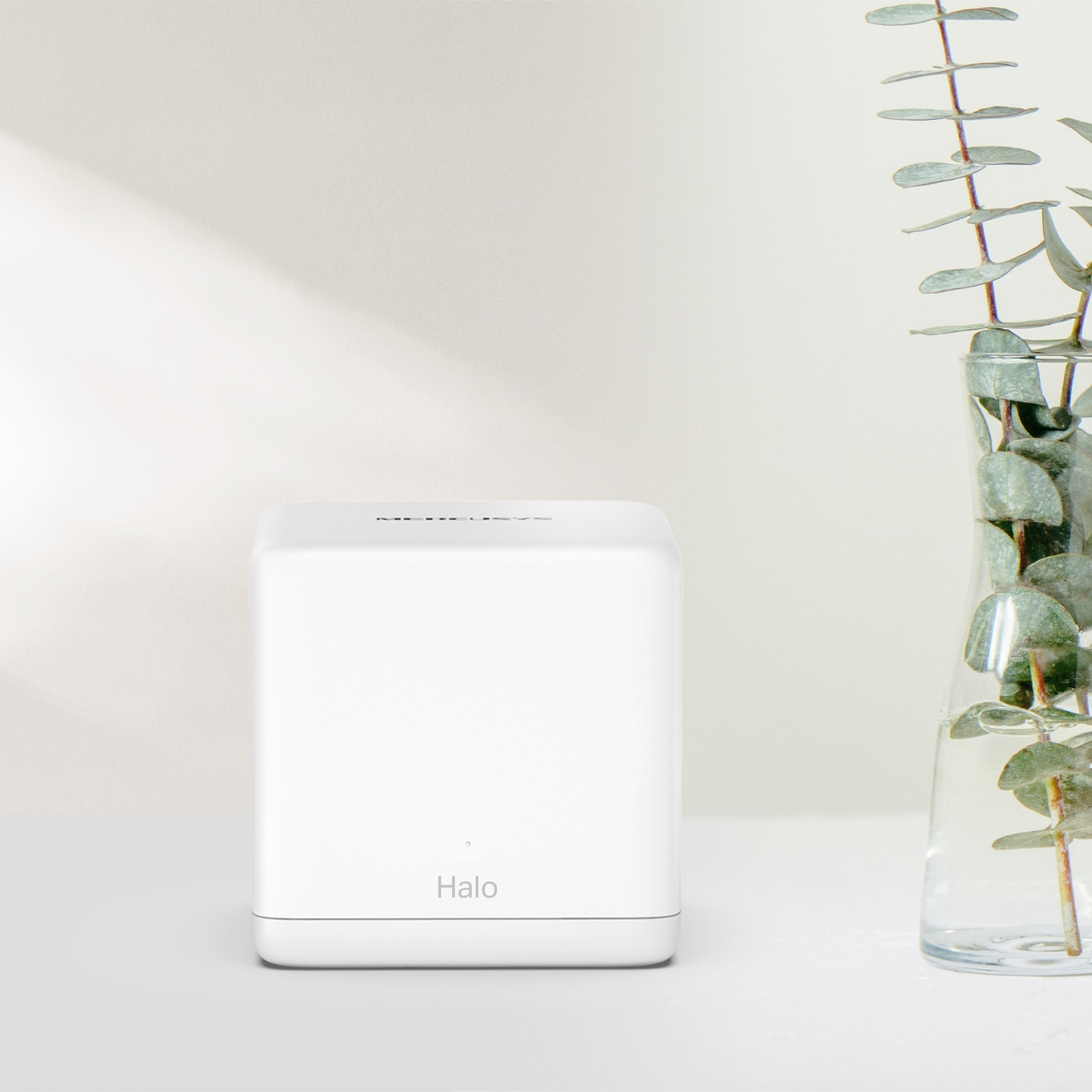 Dispositivo Mercuryys Halo bianco su una superficie bianca. Un vaso con rami verdi accanto.