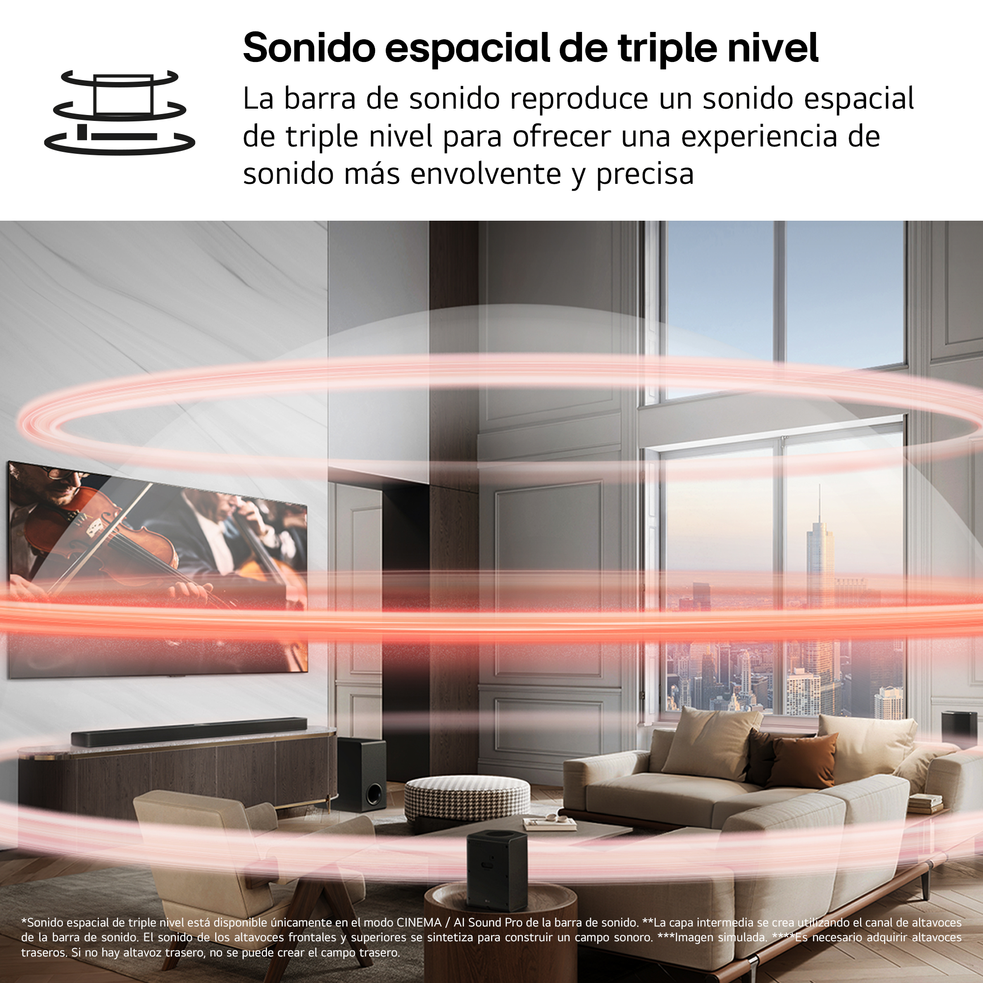 Salón con televisor, barra de sonido. Un concierto de violín en la pantalla. Ondas sonoras rojas.