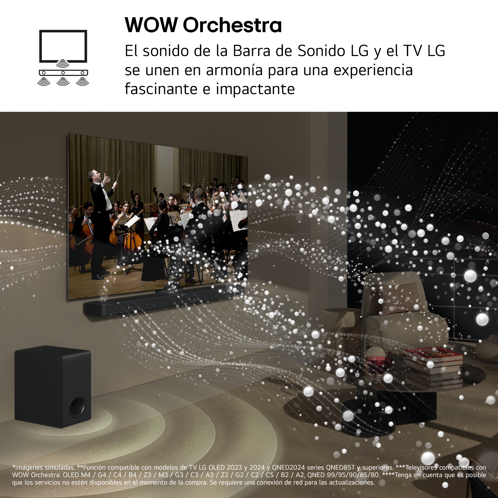 Imagen de una configuración de sistema de sonido. Una persona está cantando, con la barra de sonido, el subwoofer y otros altavoces presentes.